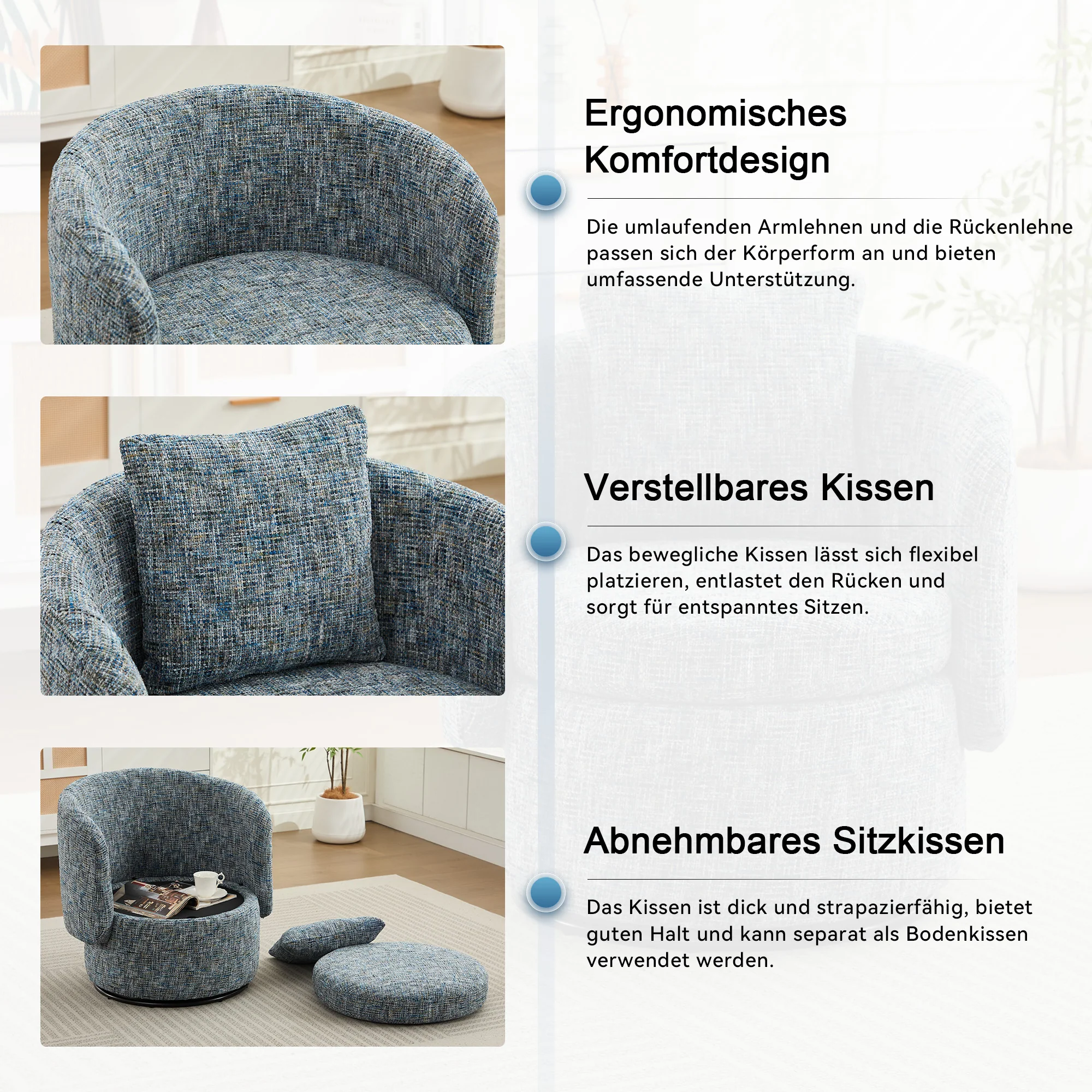 028 Swivel Accent Chair 360° Rotation Hidden Storage - Blue - Image 2