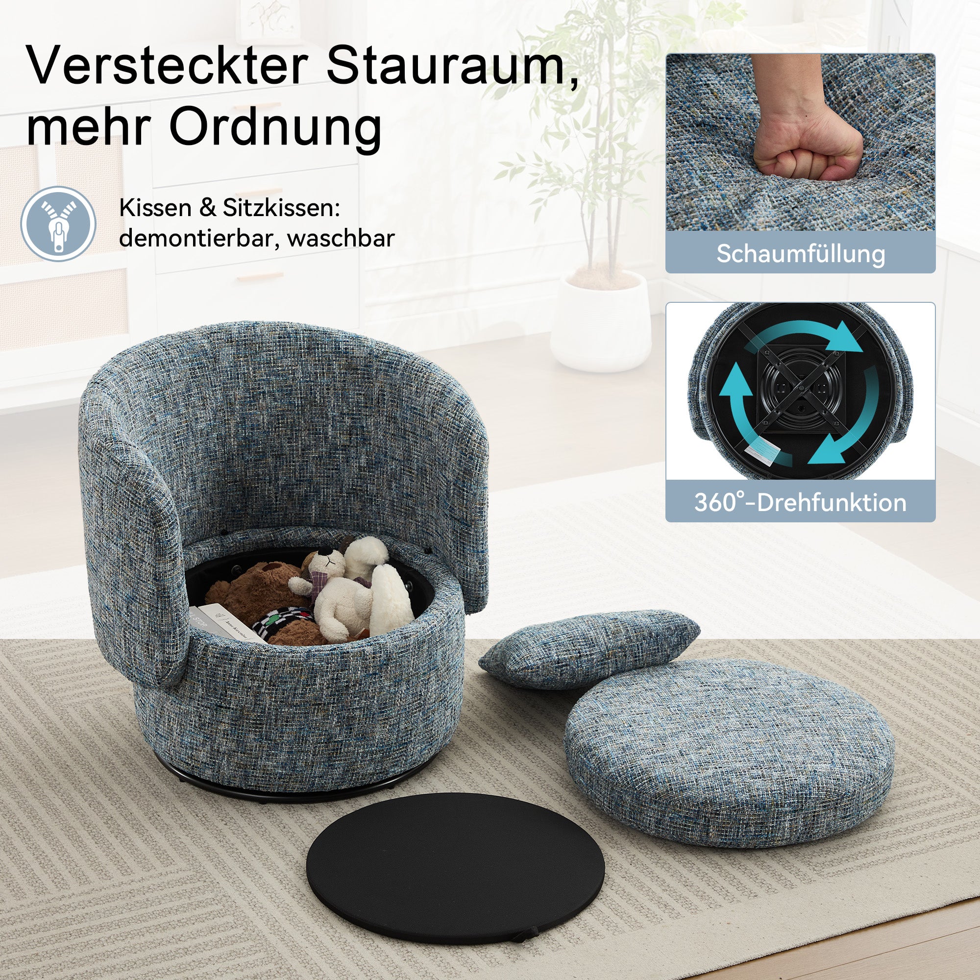 028 Swivel Accent Chair 360° Rotation Hidden Storage - Blue - Image 4
