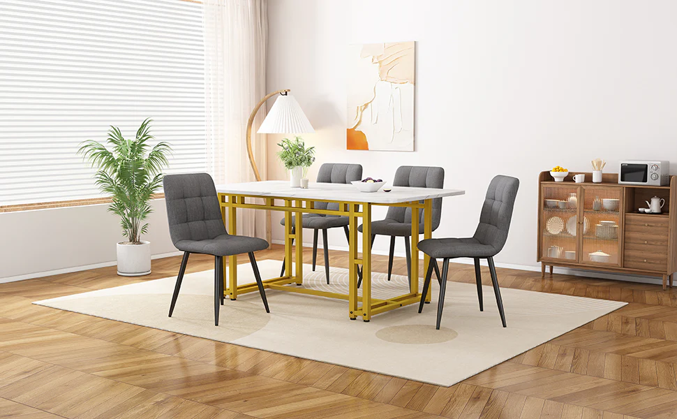 120x70cm Dining Table Set 4 Chairs Modern Kitchen Dark Grey Linen Golden Iron - Image 2