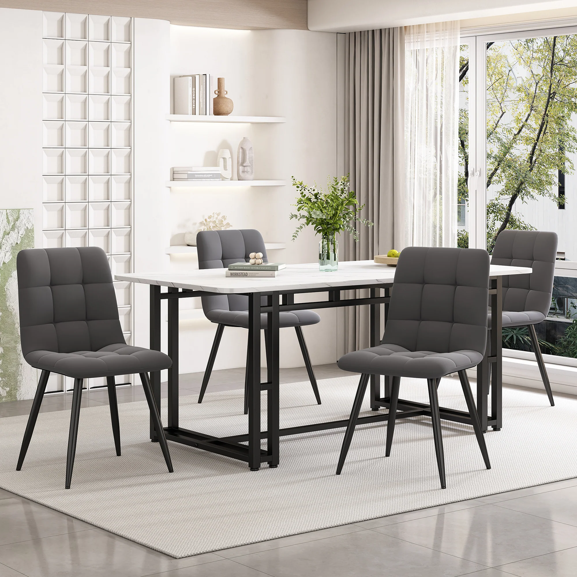 140x80cm Dining Table Set 4 Chairs, Modern Kitchen Dark Grey Velvet, Black Iron