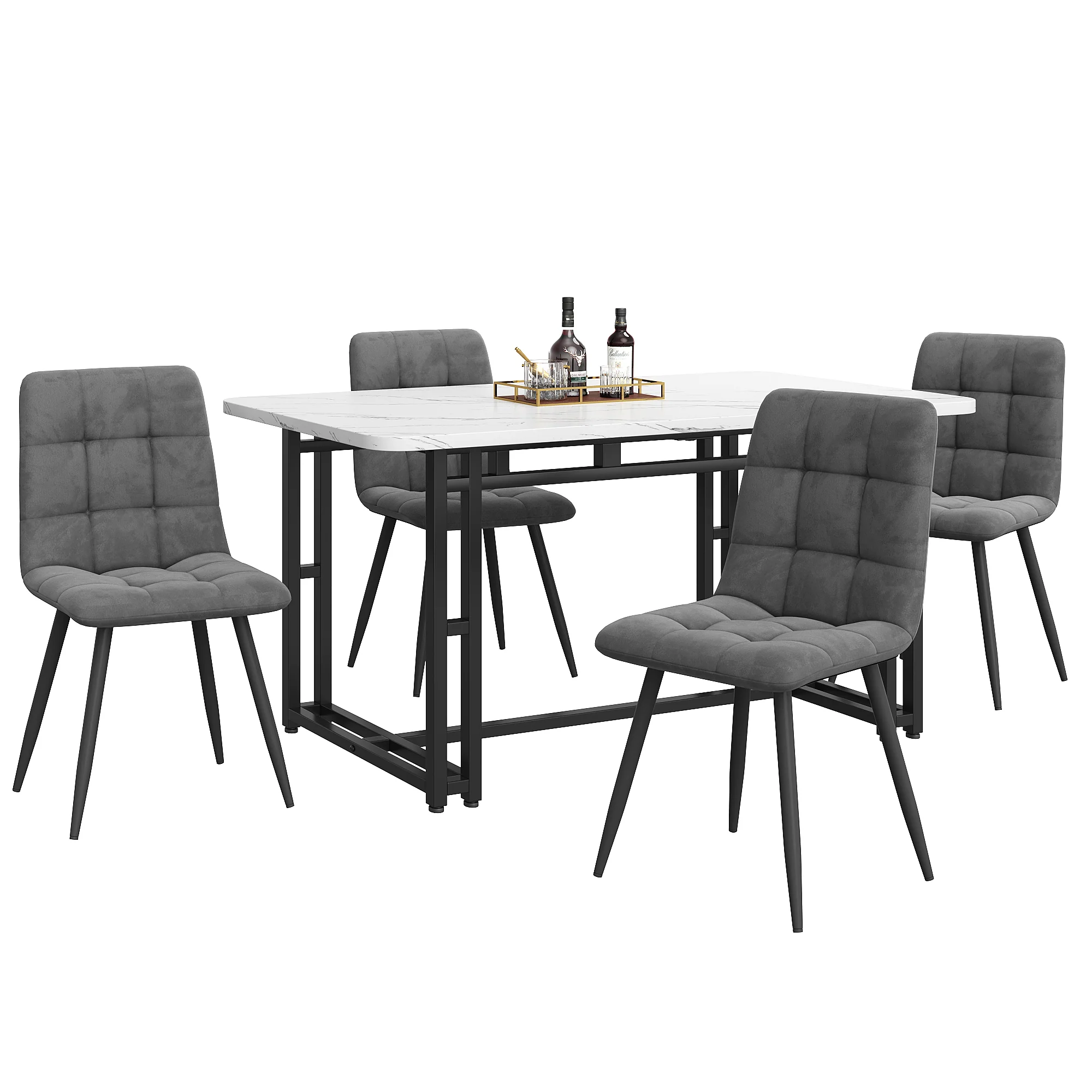 140x80cm Dining Table Set 4 Chairs, Modern Kitchen Dark Grey Velvet, Black Iron - Image 3
