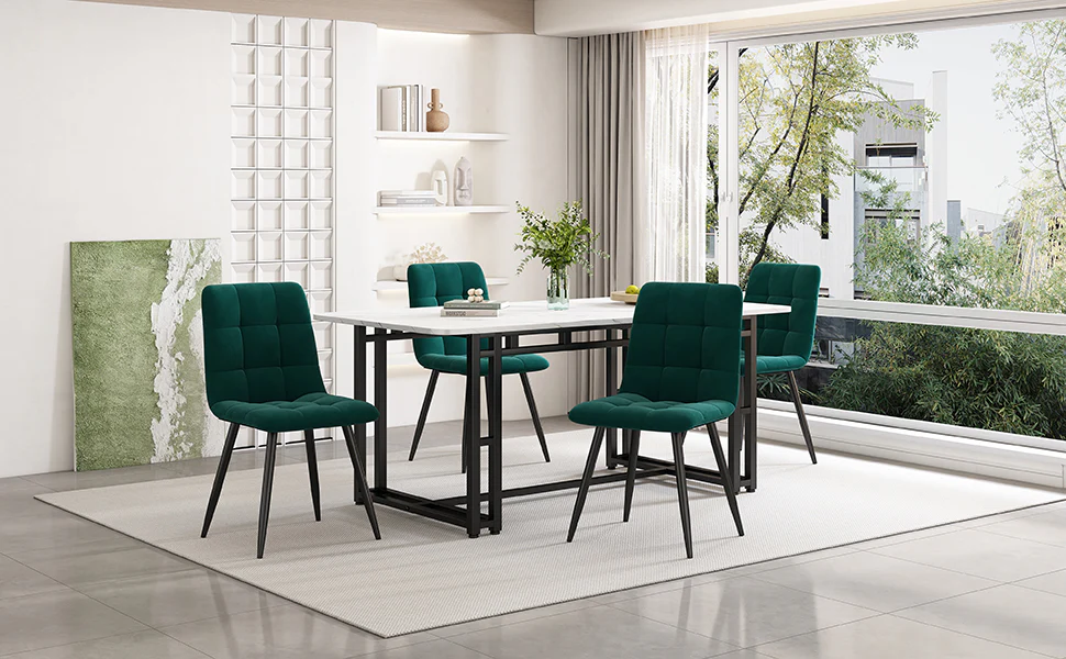 140x80cm Dining Table Set with 4 Chairs Modern Kitchen Black Iron Dark Green Velvet - Image 2