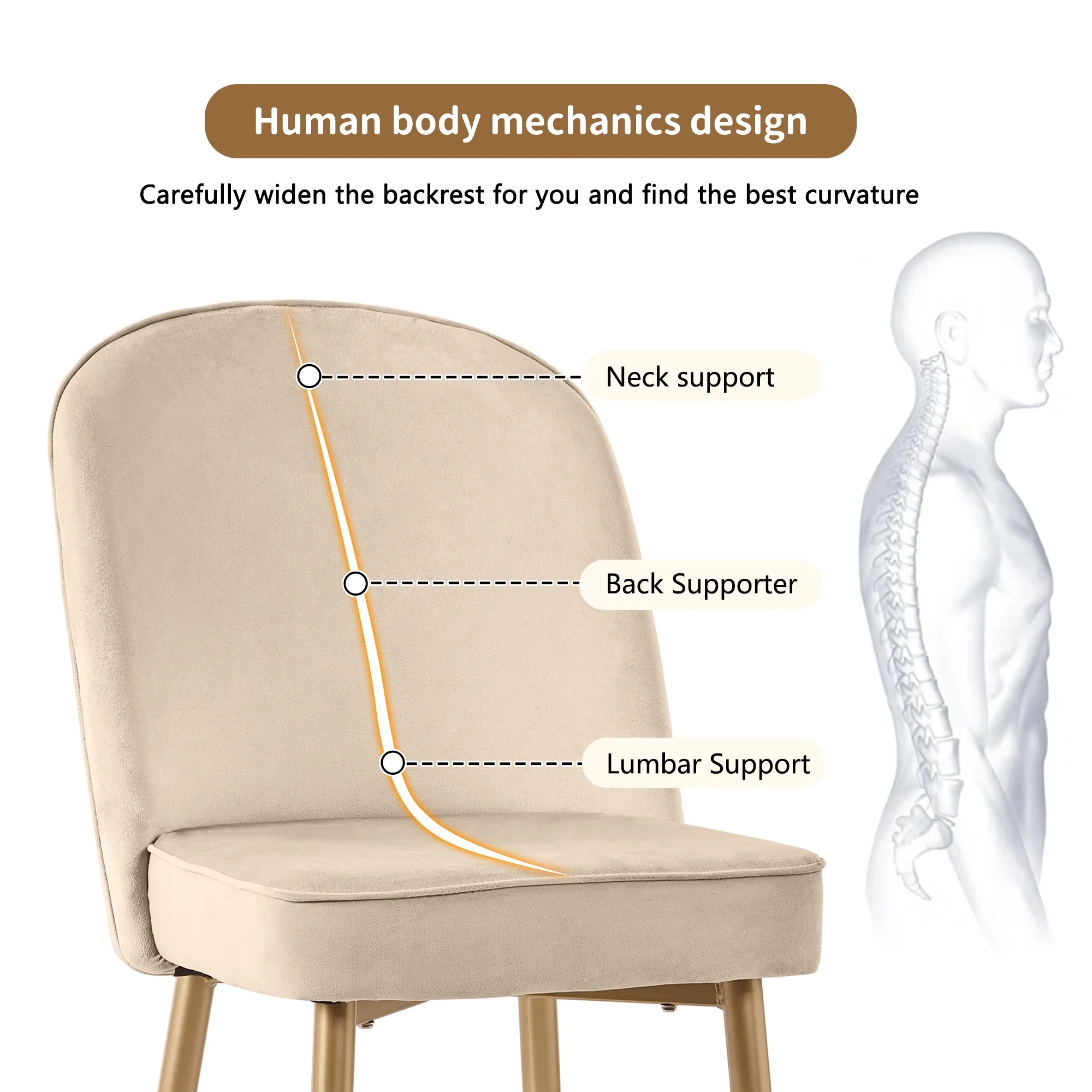 2 Dining Chairs Modern Comfortable Gold Metal Legs Beige Velvet - Image 10