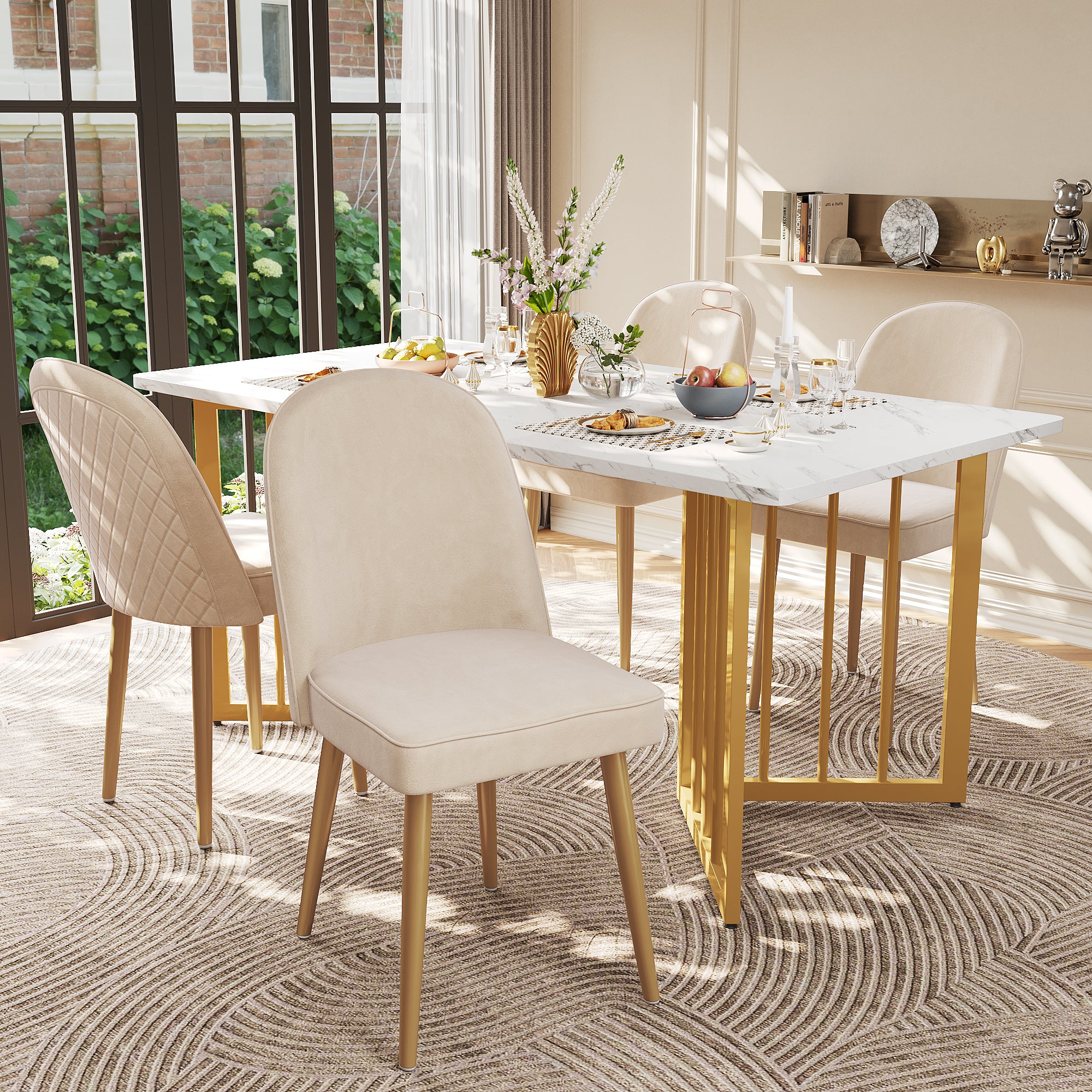 2 Dining Chairs Modern Comfortable Gold Metal Legs Beige Velvet - Image 2