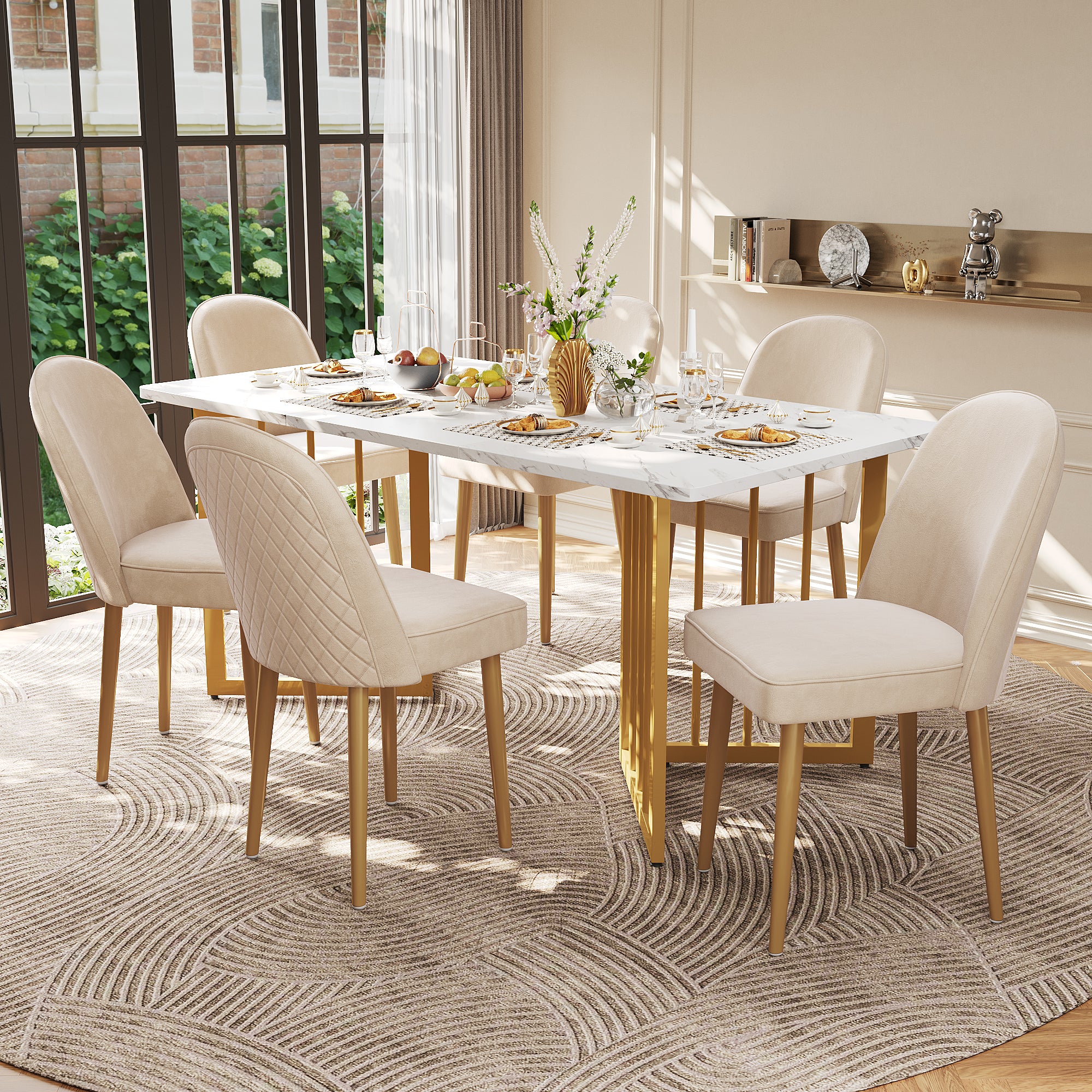 2 Dining Chairs Modern Comfortable Gold Metal Legs Beige Velvet - Image 3