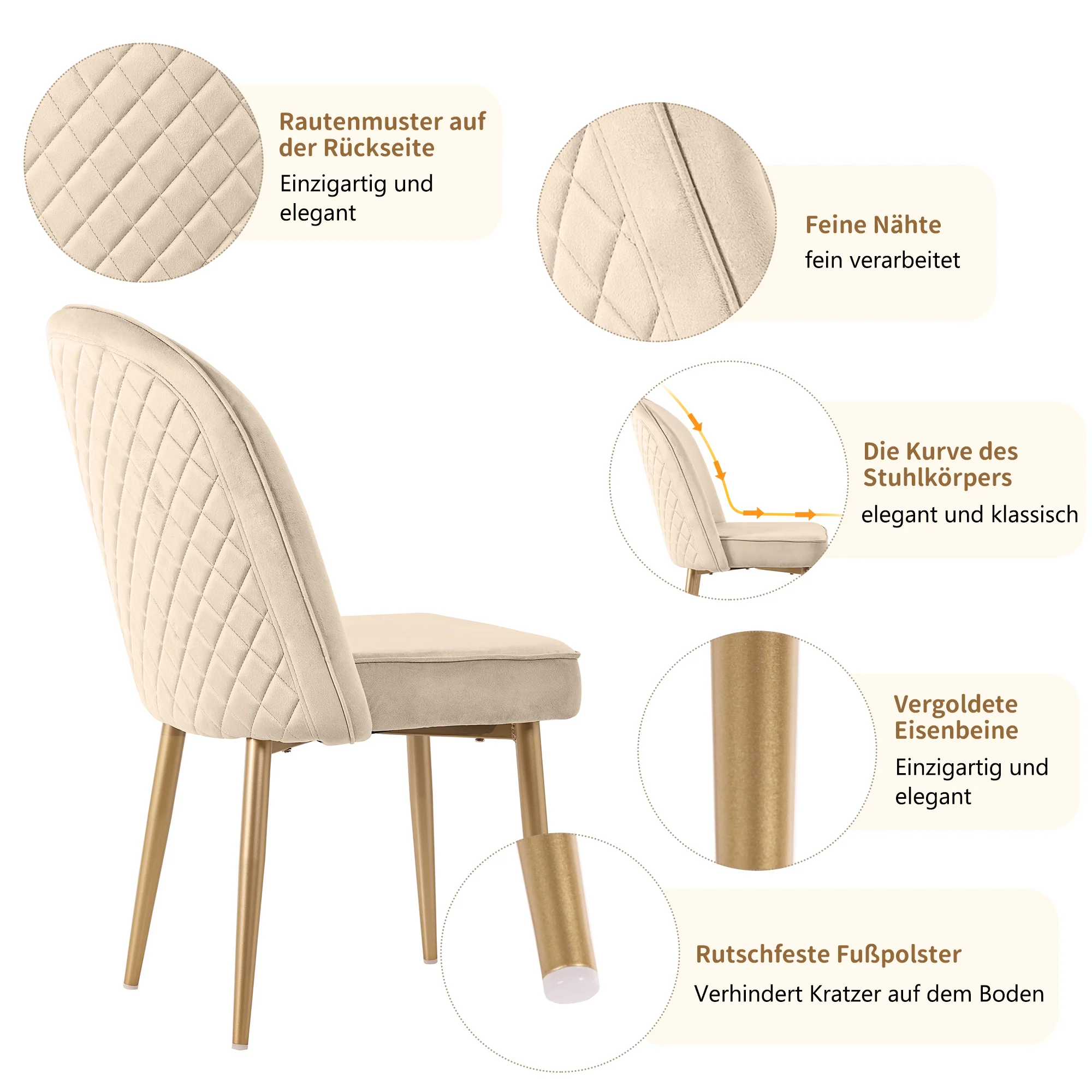 2 Dining Chairs Modern Comfortable Gold Metal Legs Beige Velvet - Image 6
