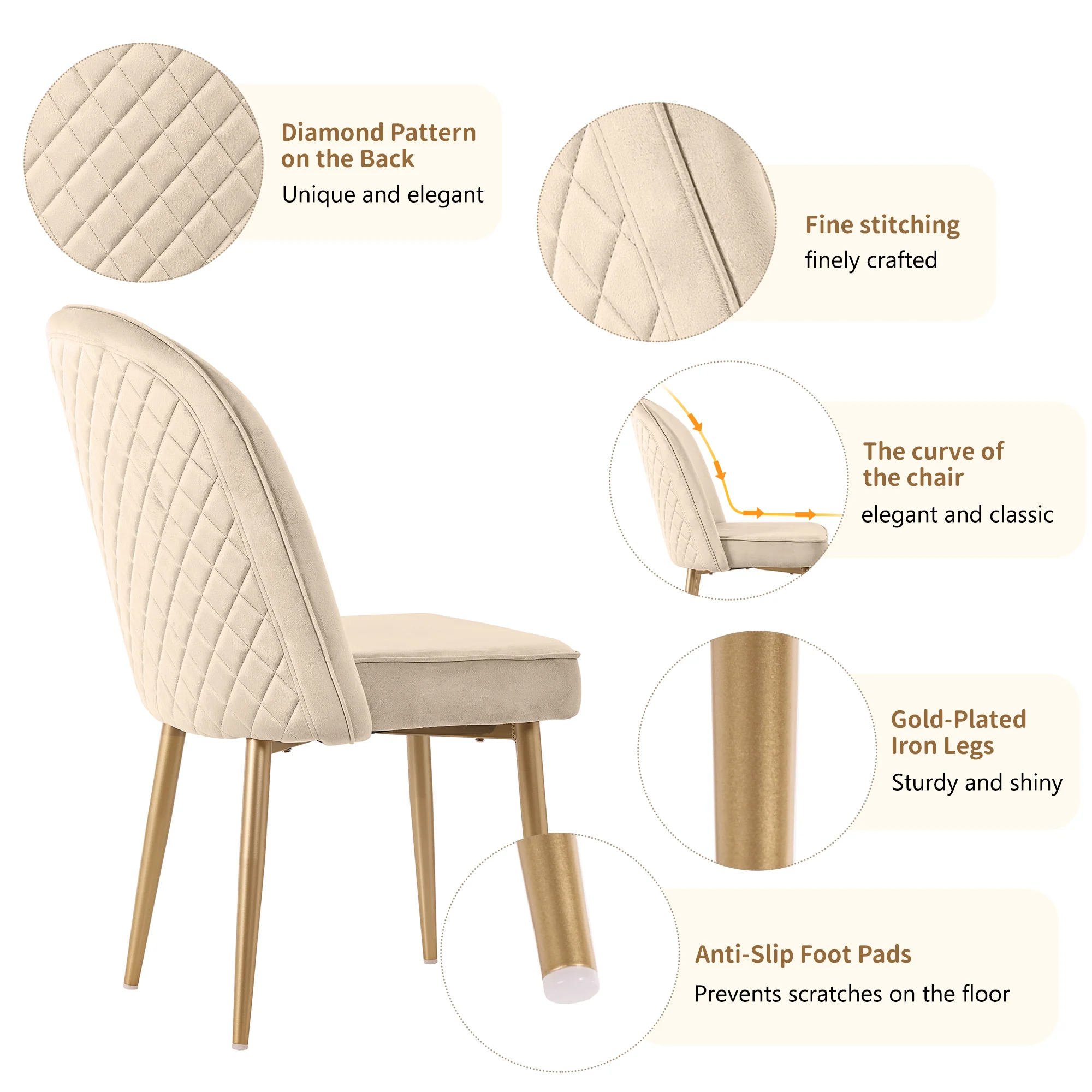 2 Dining Chairs Modern Comfortable Gold Metal Legs Beige Velvet - Image 9