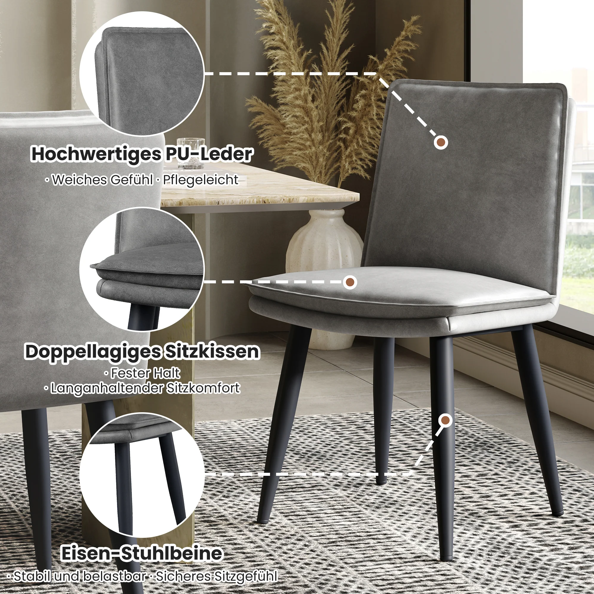 2 Dining Chairs Modern Double-Layered Cushions - PU Grey - Image 2