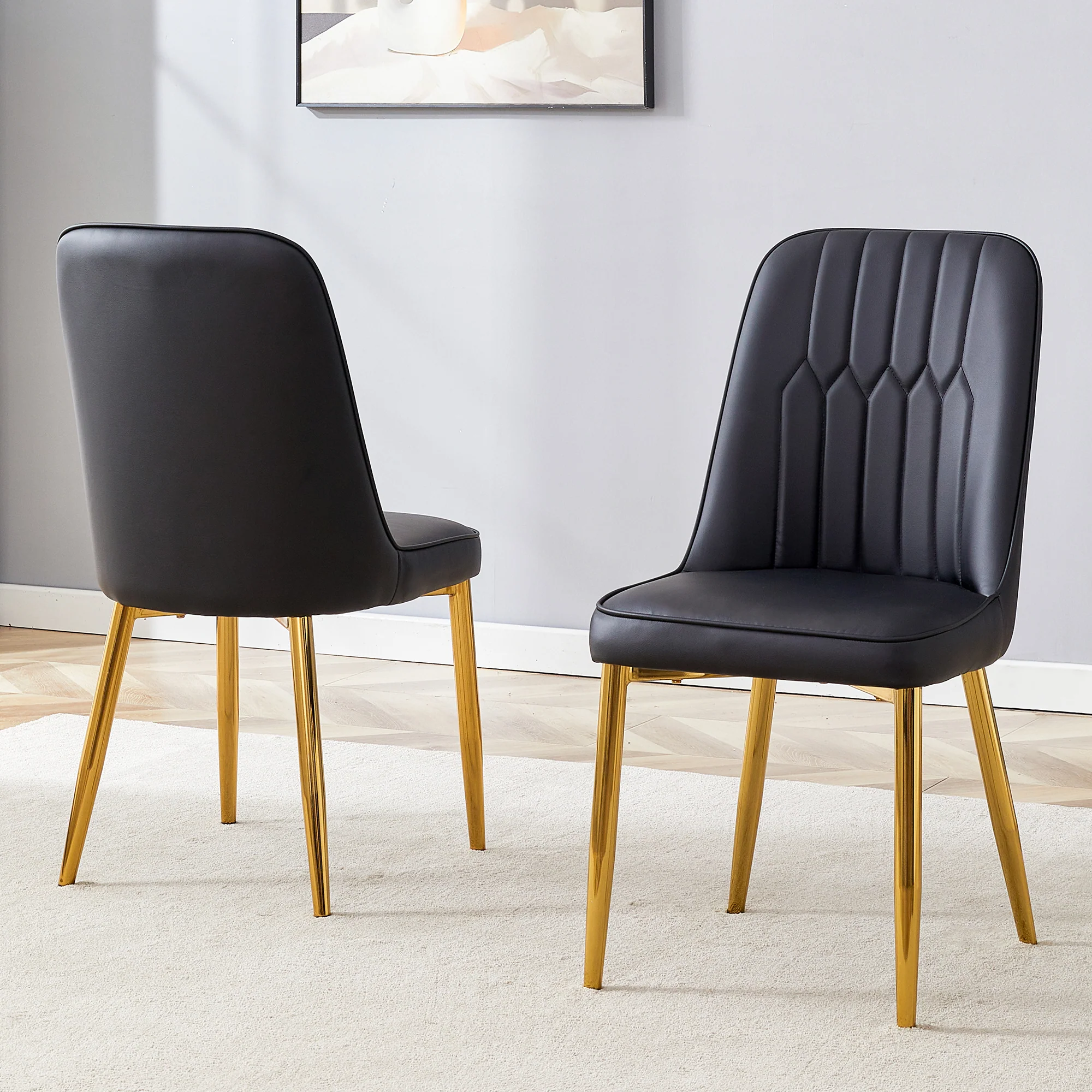 2 Dining Chairs Modern Minimalist Faux Leather Metal Legs - Black