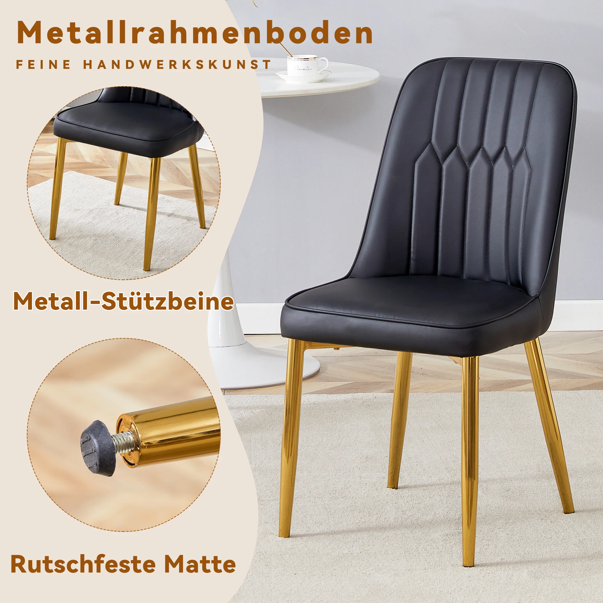 2 Dining Chairs Modern Minimalist Faux Leather Metal Legs - Black - Image 2