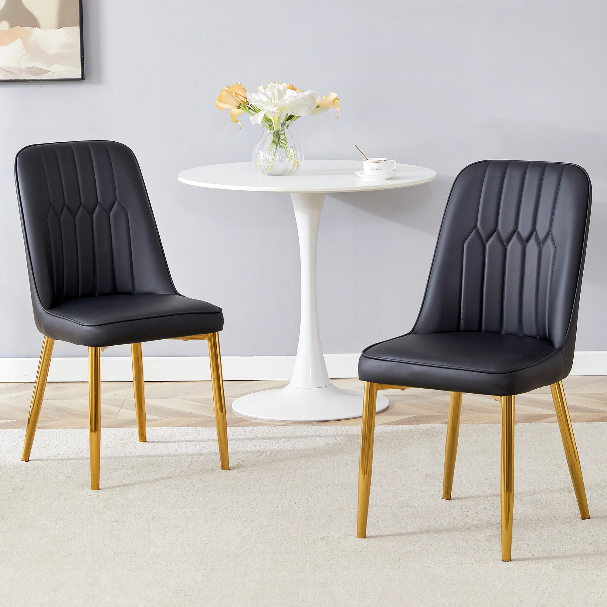 2 Dining Chairs Modern Minimalist Faux Leather Metal Legs - Black - Image 4