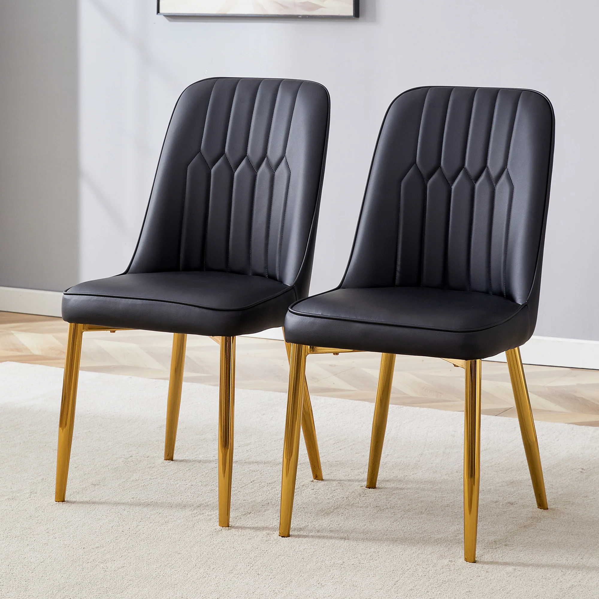 2 Dining Chairs Modern Minimalist Faux Leather Metal Legs - Black - Image 5