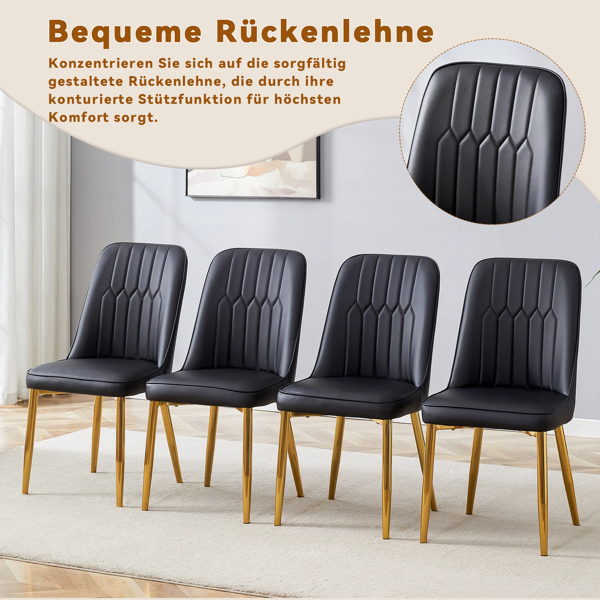 2 Dining Chairs Modern Minimalist Faux Leather Metal Legs - Black - Image 6