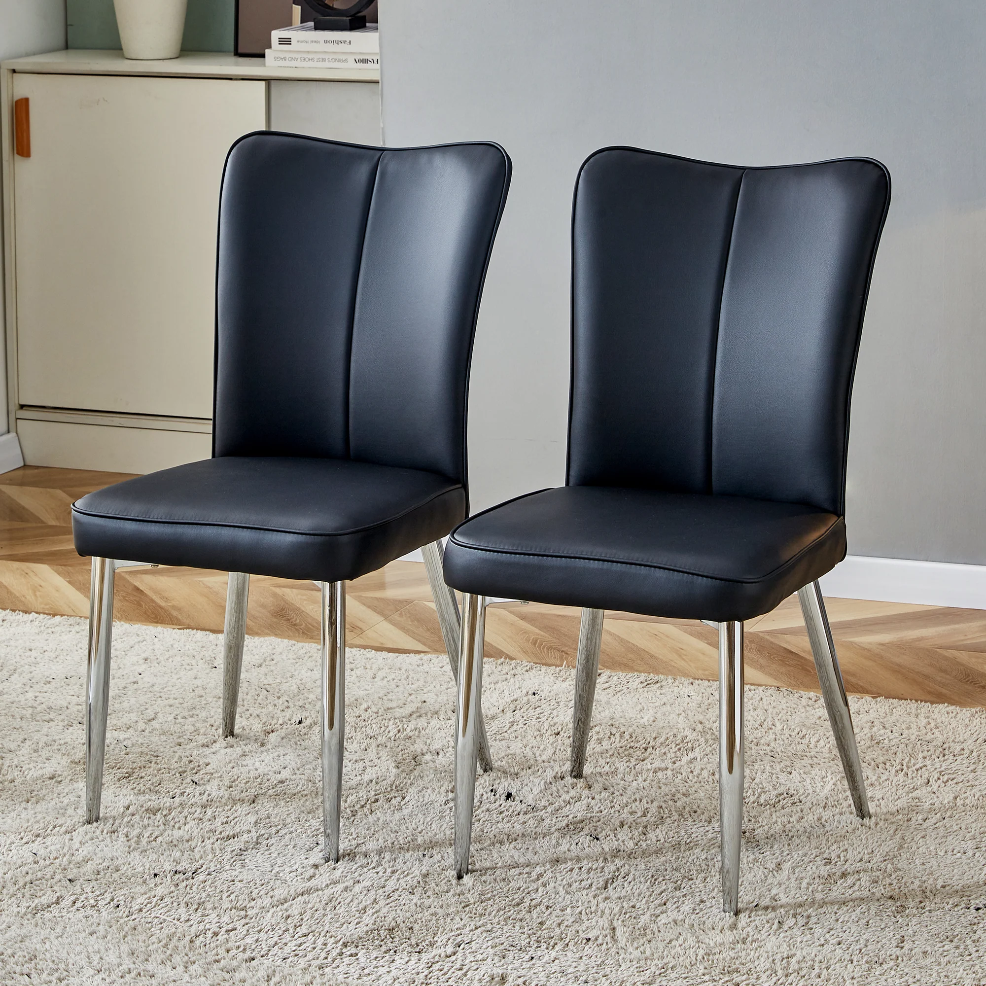 2 Dining Chairs Modern PU Silver Metal Legs 89cm High - Black