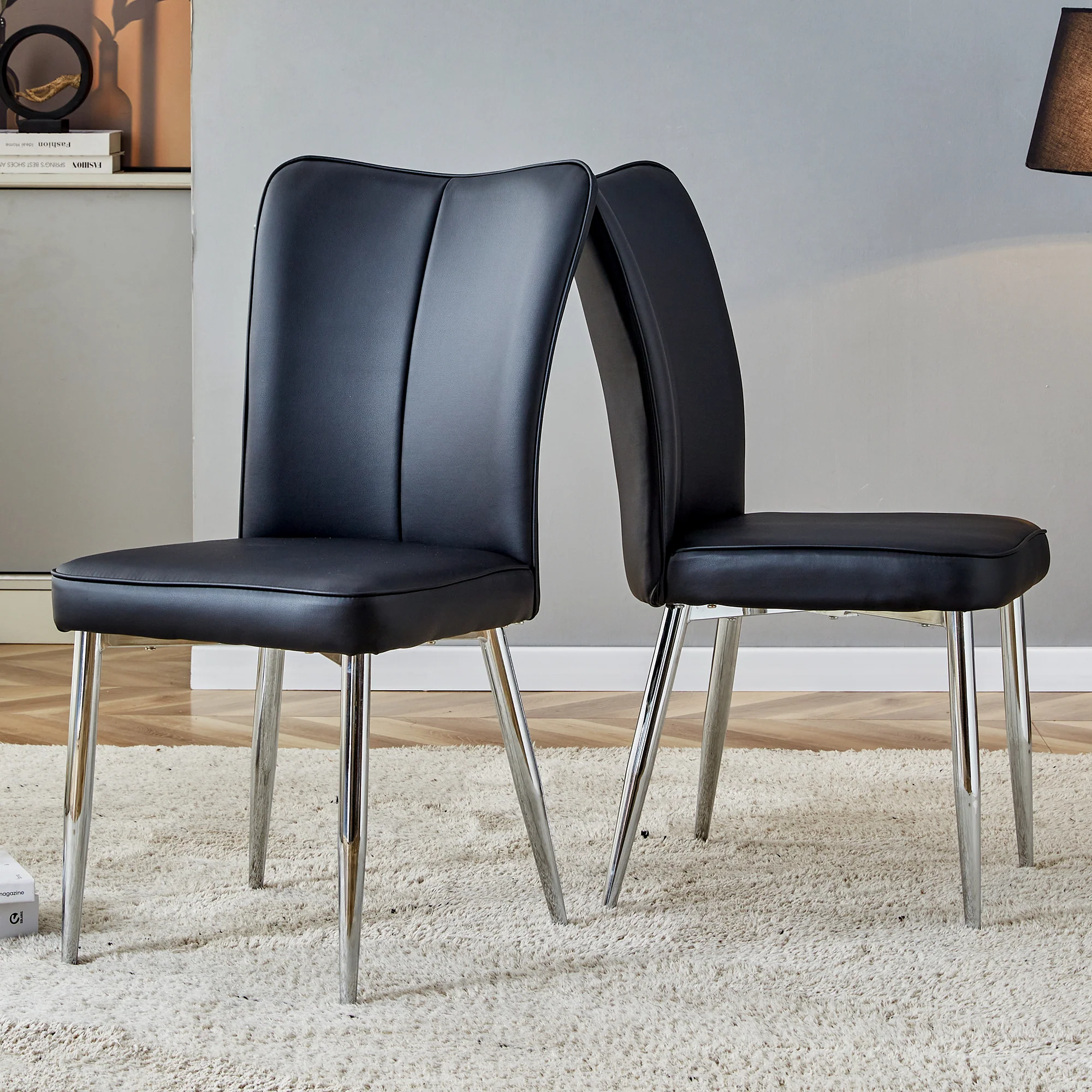 2 Dining Chairs Modern PU Silver Metal Legs 89cm High - Black - Image 2