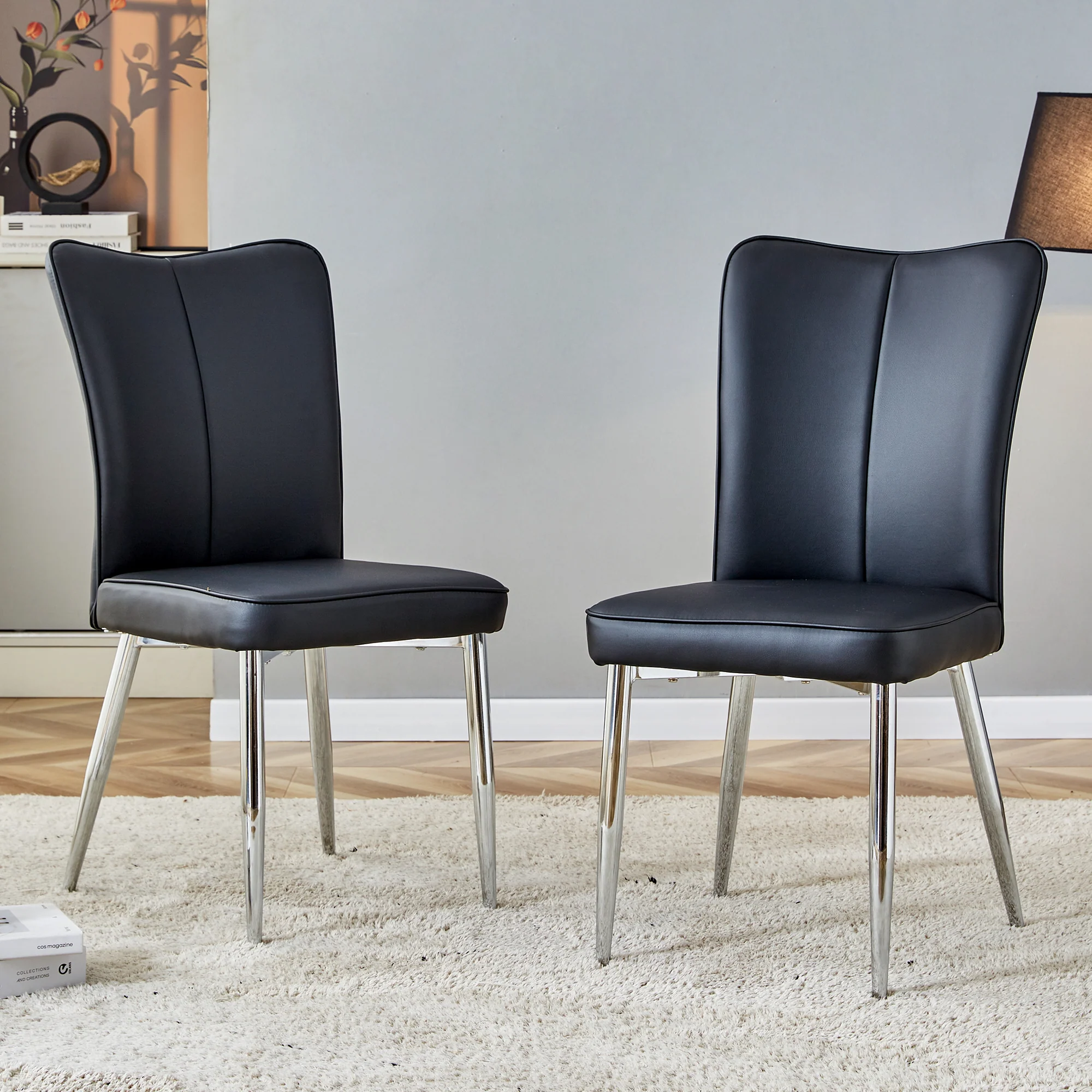 2 Dining Chairs Modern PU Silver Metal Legs 89cm High - Black - Image 3