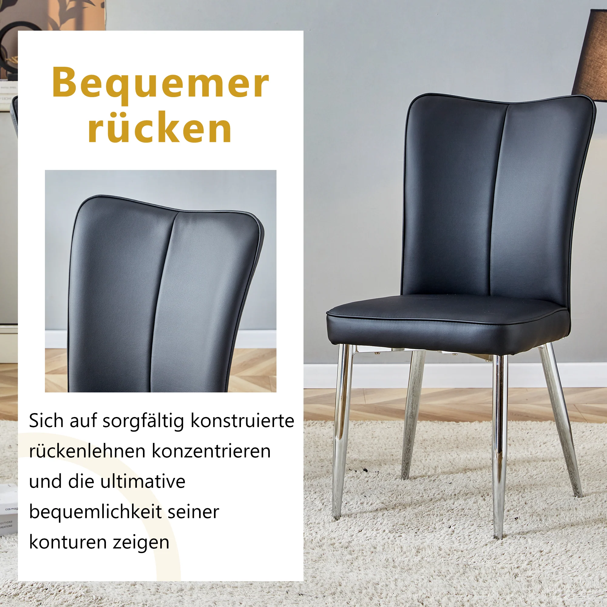 2 Dining Chairs Modern PU Silver Metal Legs 89cm High - Black - Image 6