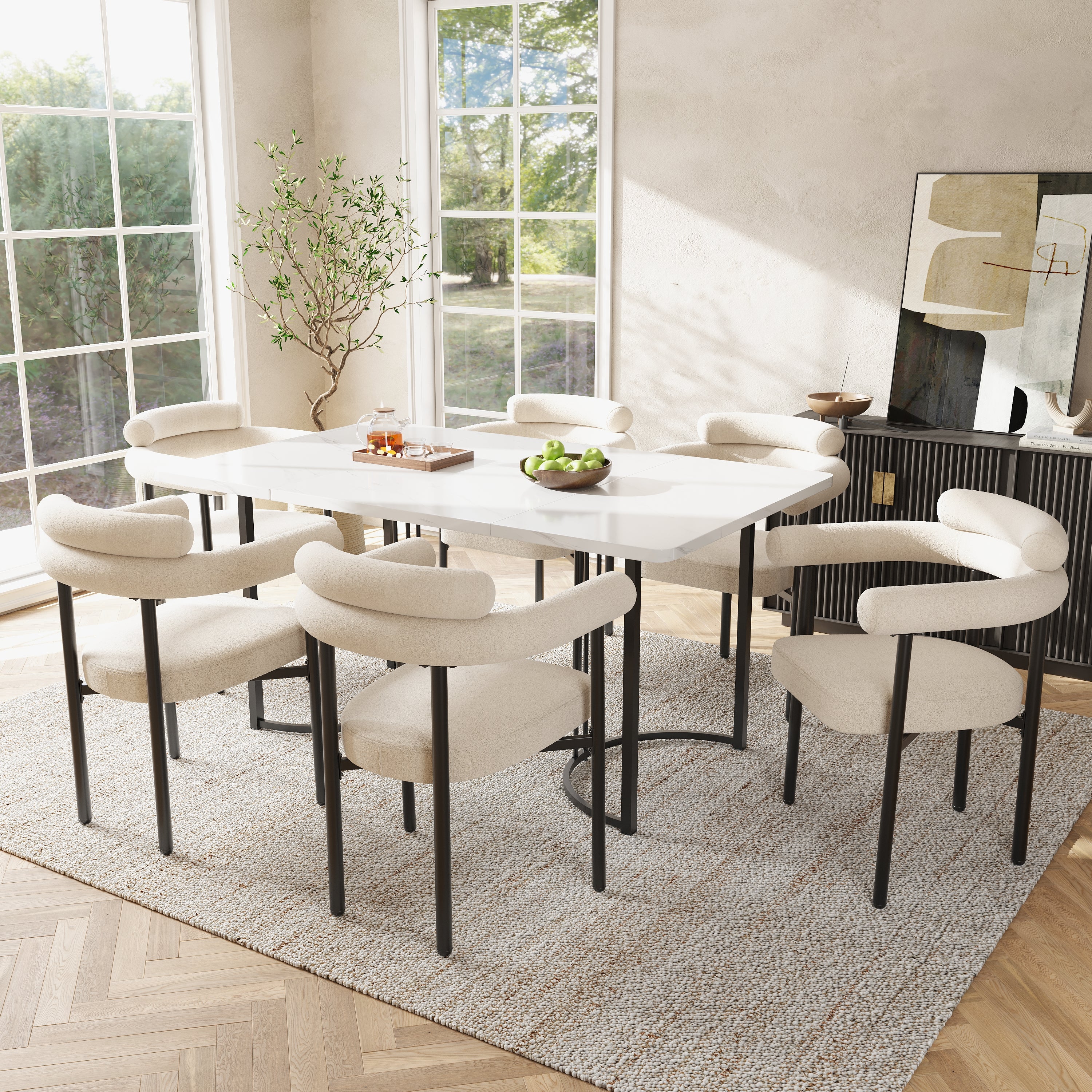 2 Dining Chairs Modern Simple Comfortable Ring Seats Cream Suede - Image 3