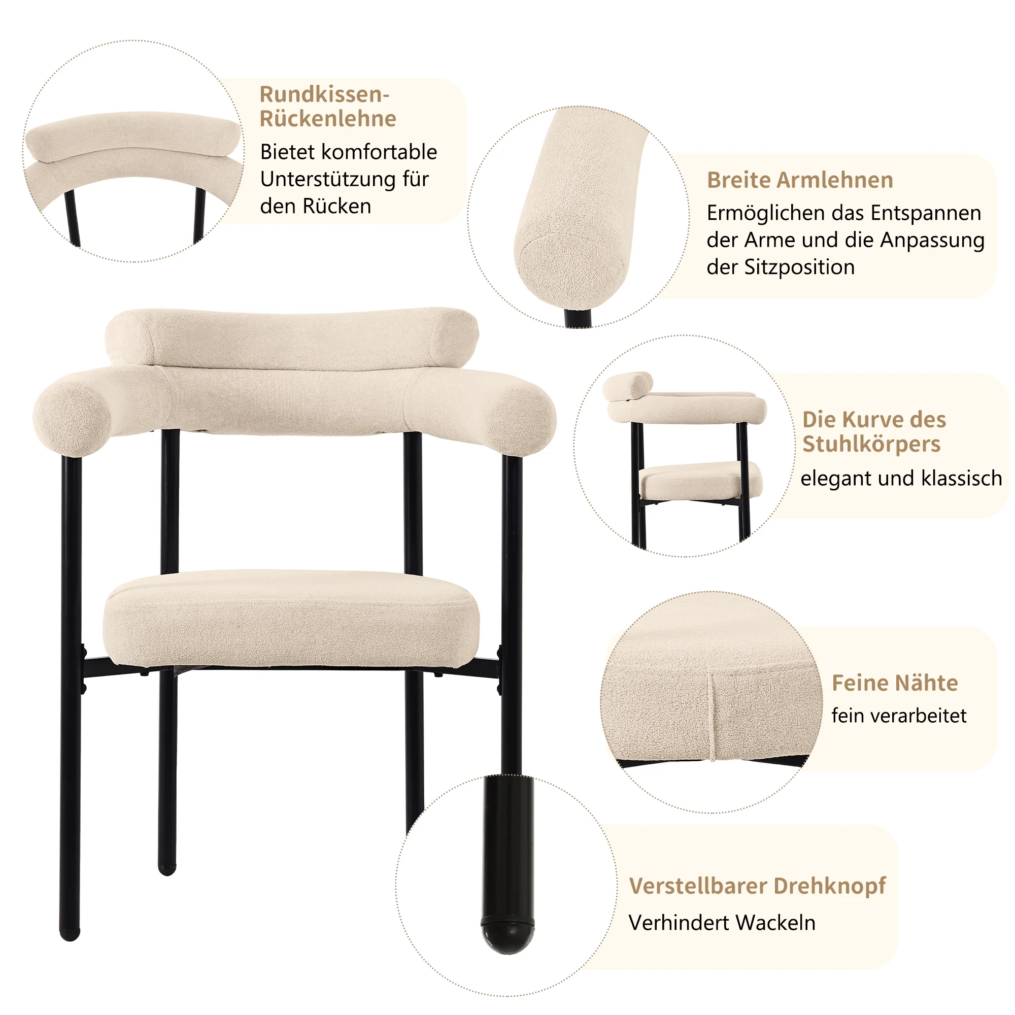 2 Dining Chairs Modern Simple Comfortable Ring Seats Cream Suede - Image 7