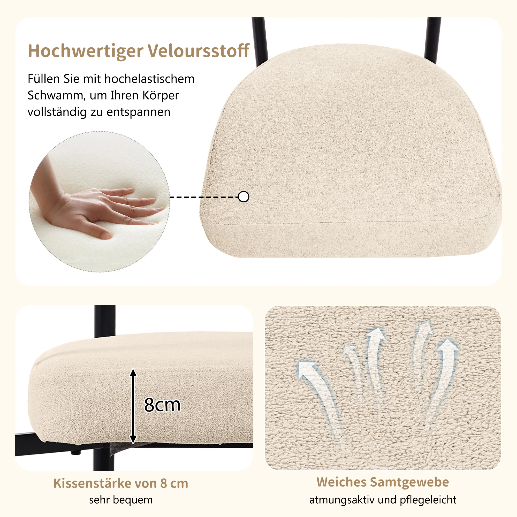 2 Dining Chairs Modern Simple Comfortable Ring Seats Cream Suede - Image 9