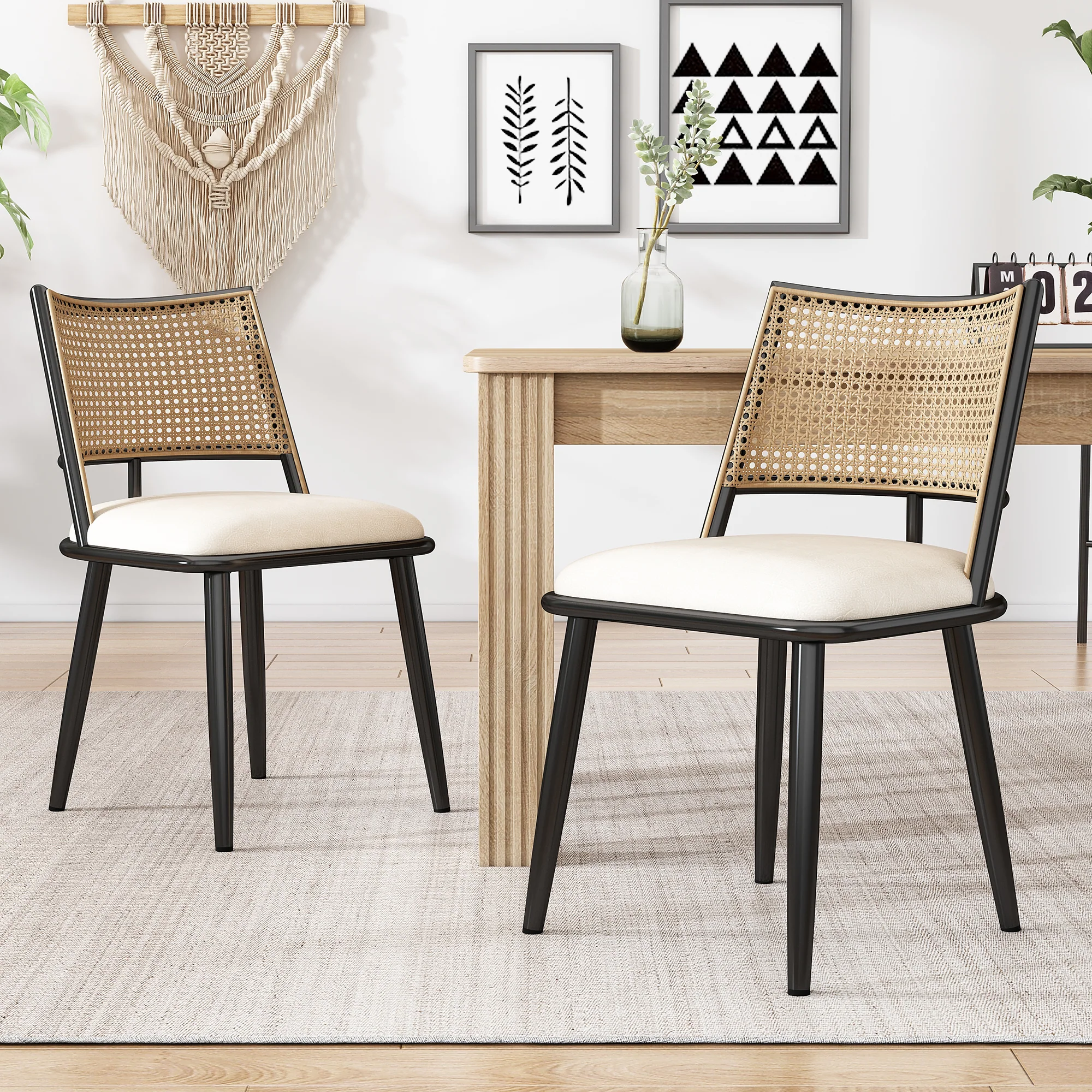 2 Dining Chairs PU Seat Rattan Backrest - Black - Image 2