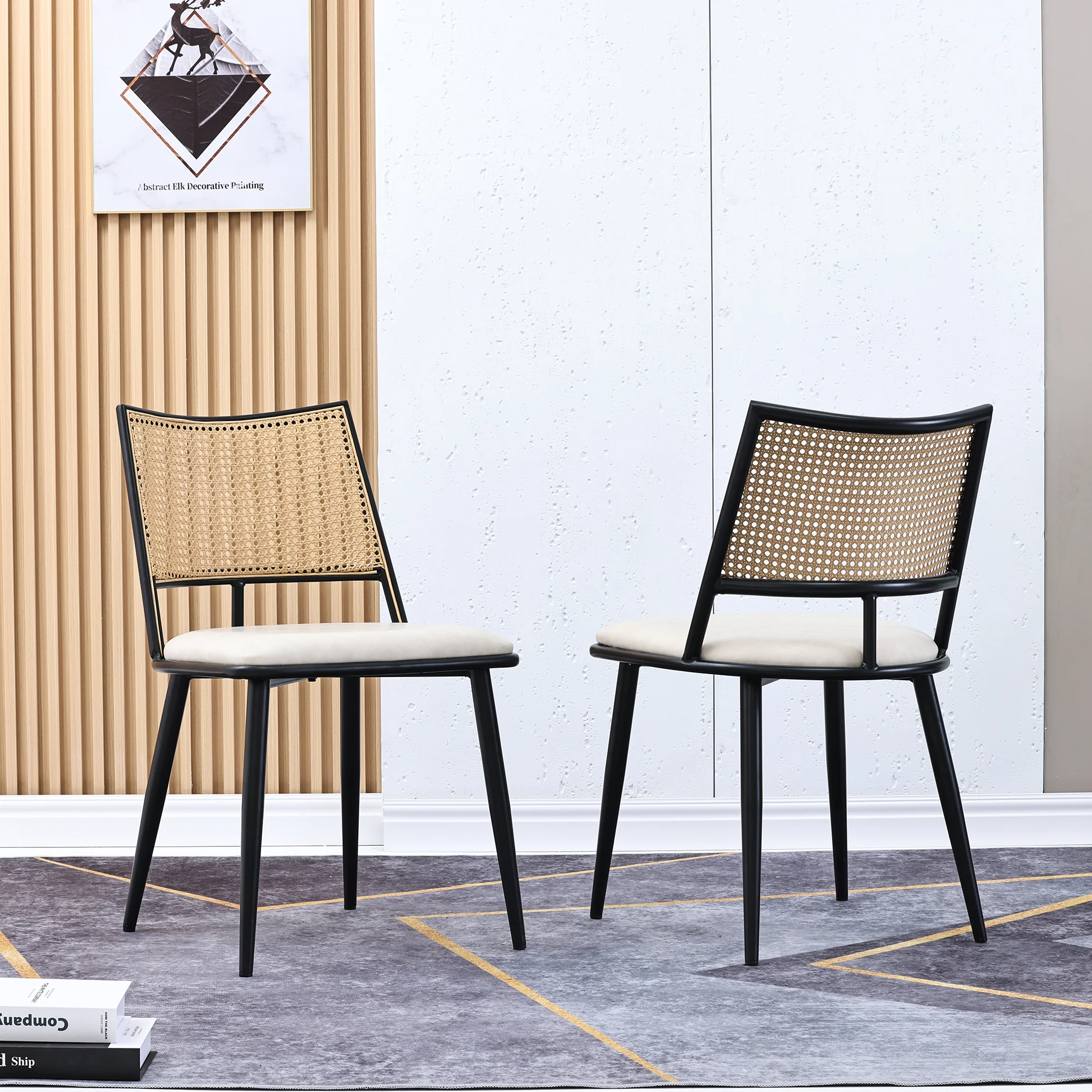2 Dining Chairs PU Seat Rattan Backrest - Black - Image 3