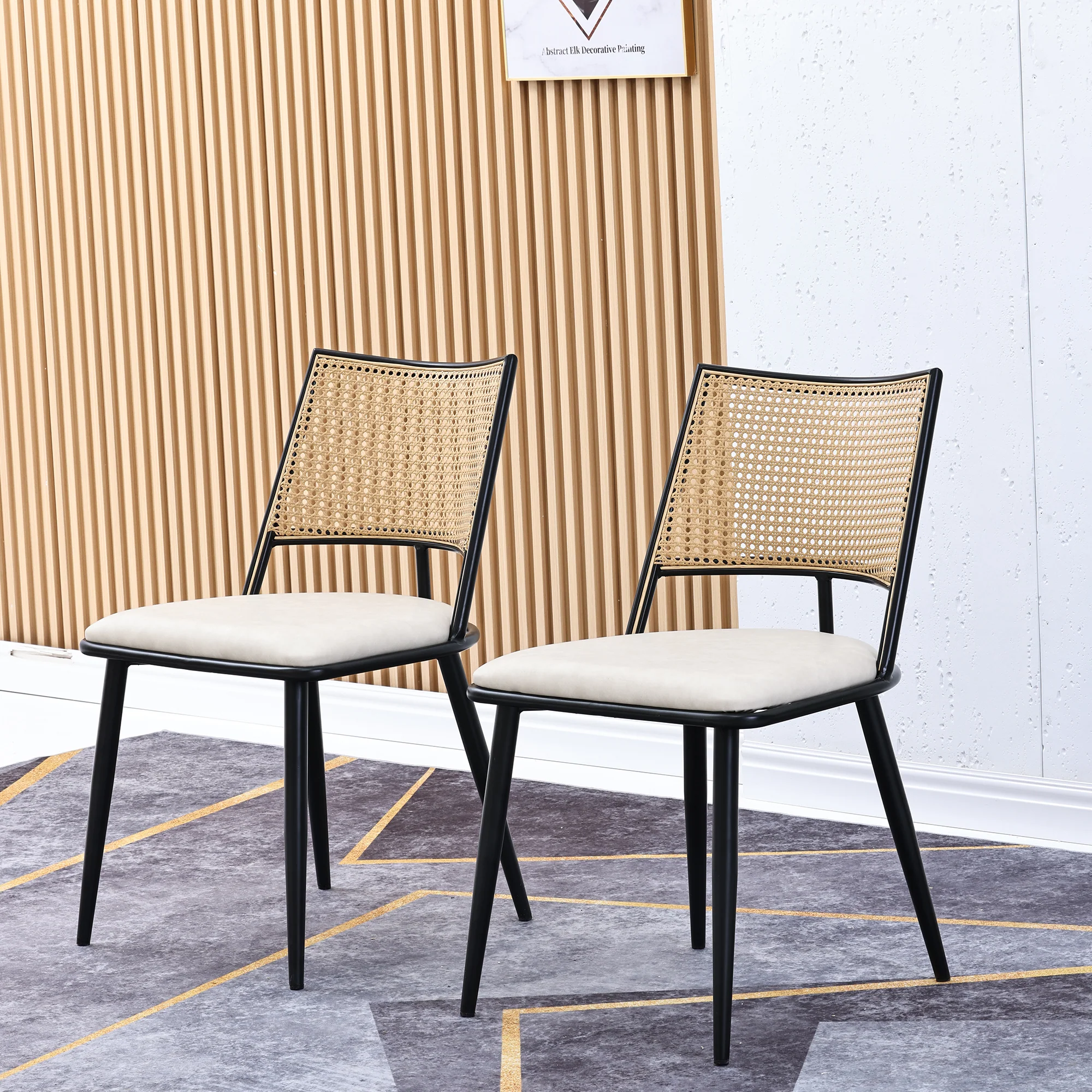 2 Dining Chairs PU Seat Rattan Backrest - Black - Image 4