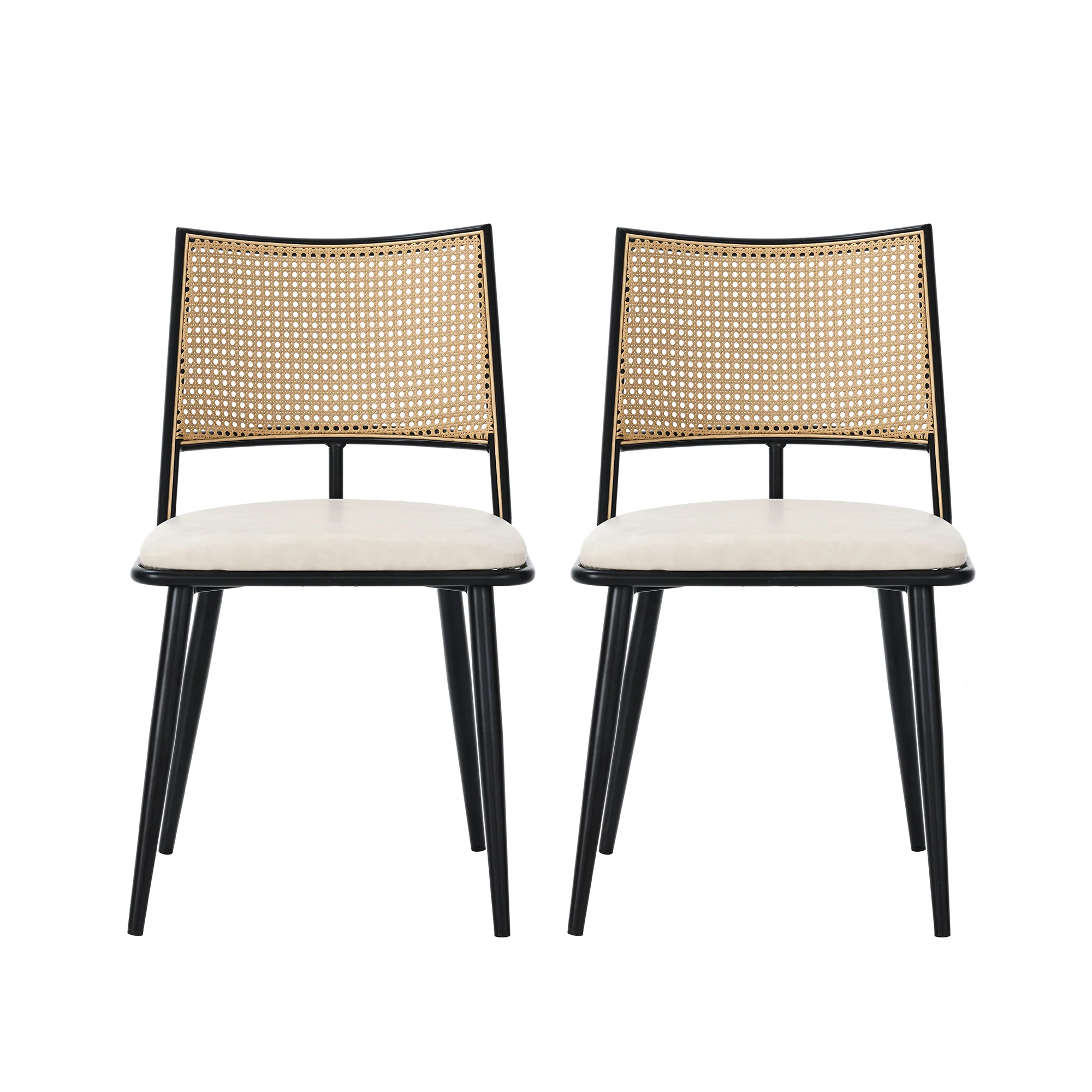2 Dining Chairs PU Seat Rattan Backrest - Black - Image 5