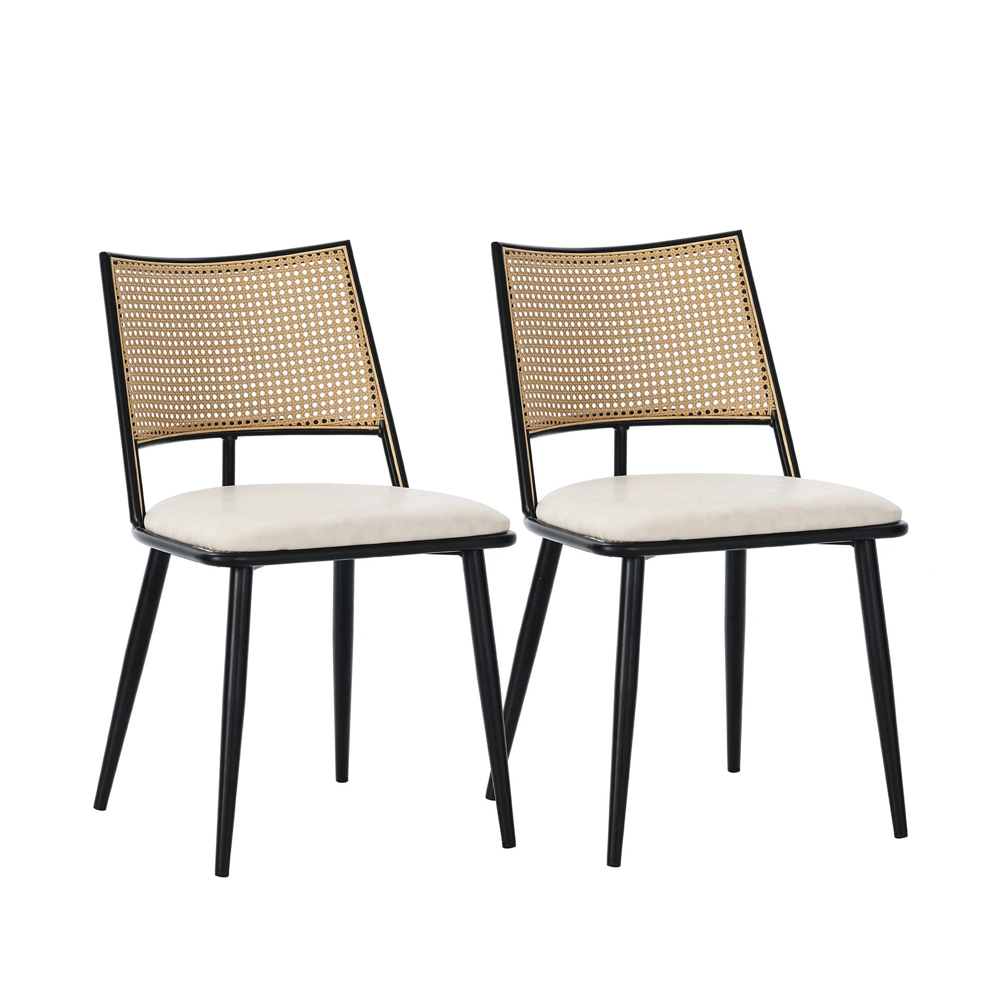 2 Dining Chairs PU Seat Rattan Backrest - Black - Image 7