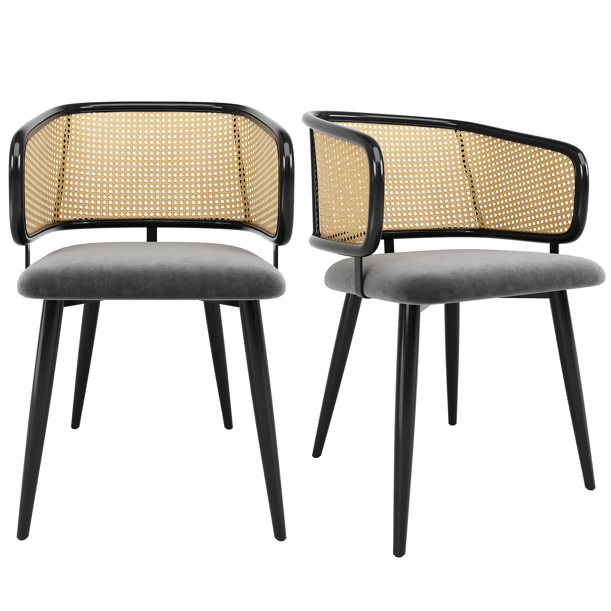 2 Dining Chairs Rattan Back Velvet Seat - Modern Style - Image 9