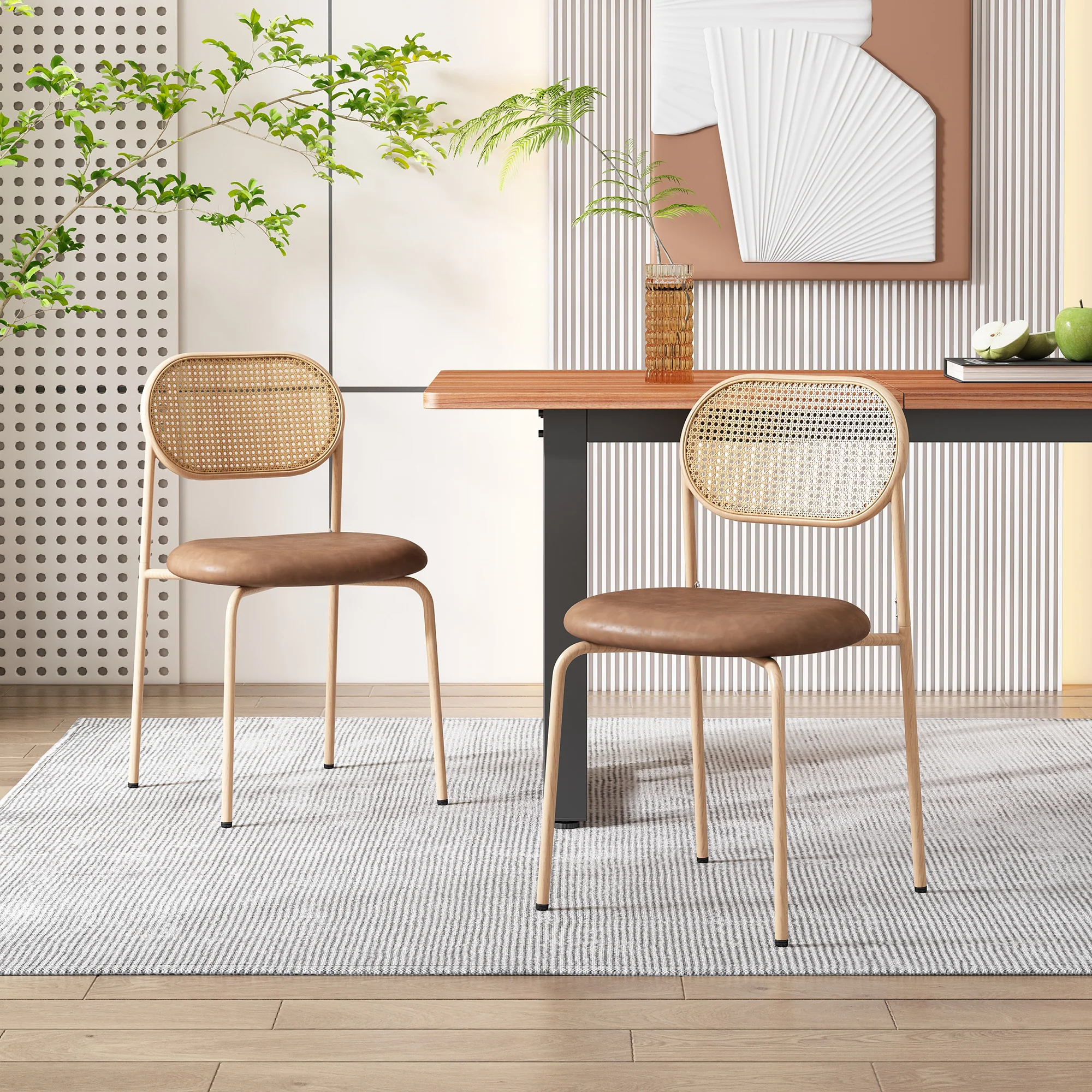 2 Dining Chairs Rattan Leisure Metal Legs - Brown - Image 2