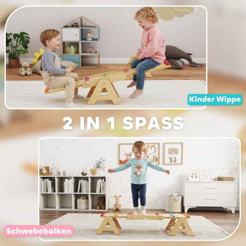 2-in-1 Balance Board Seesaw Rocker 133x38x24cm - Wooden - Image 4