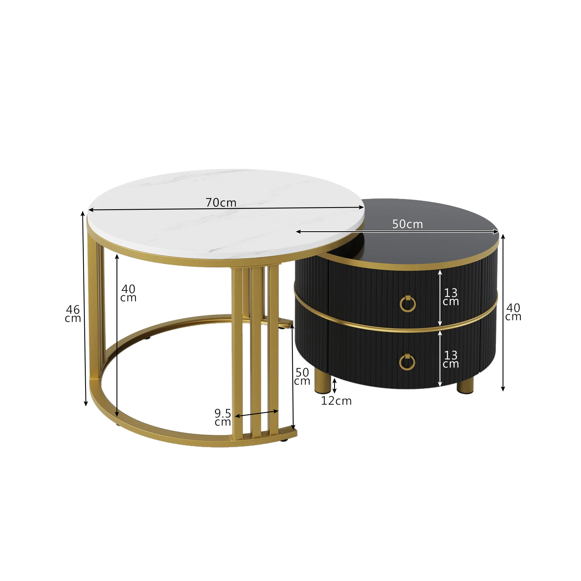 2-in-1 Round Coffee Table/Side Table, 2 Drawers, Glossy/Marble Top, MDF - Image 8