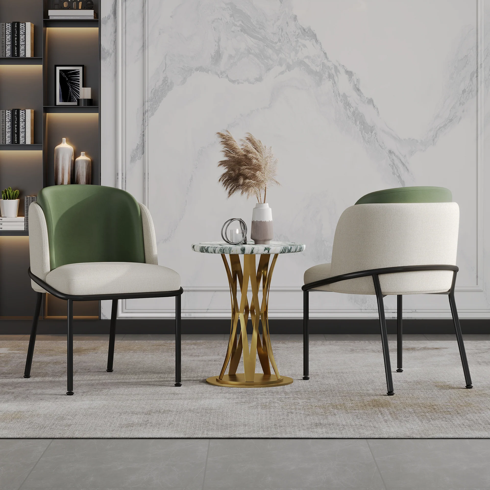 2 Modern Chairs Angled Legs Adjustable Feet - Beige/Green