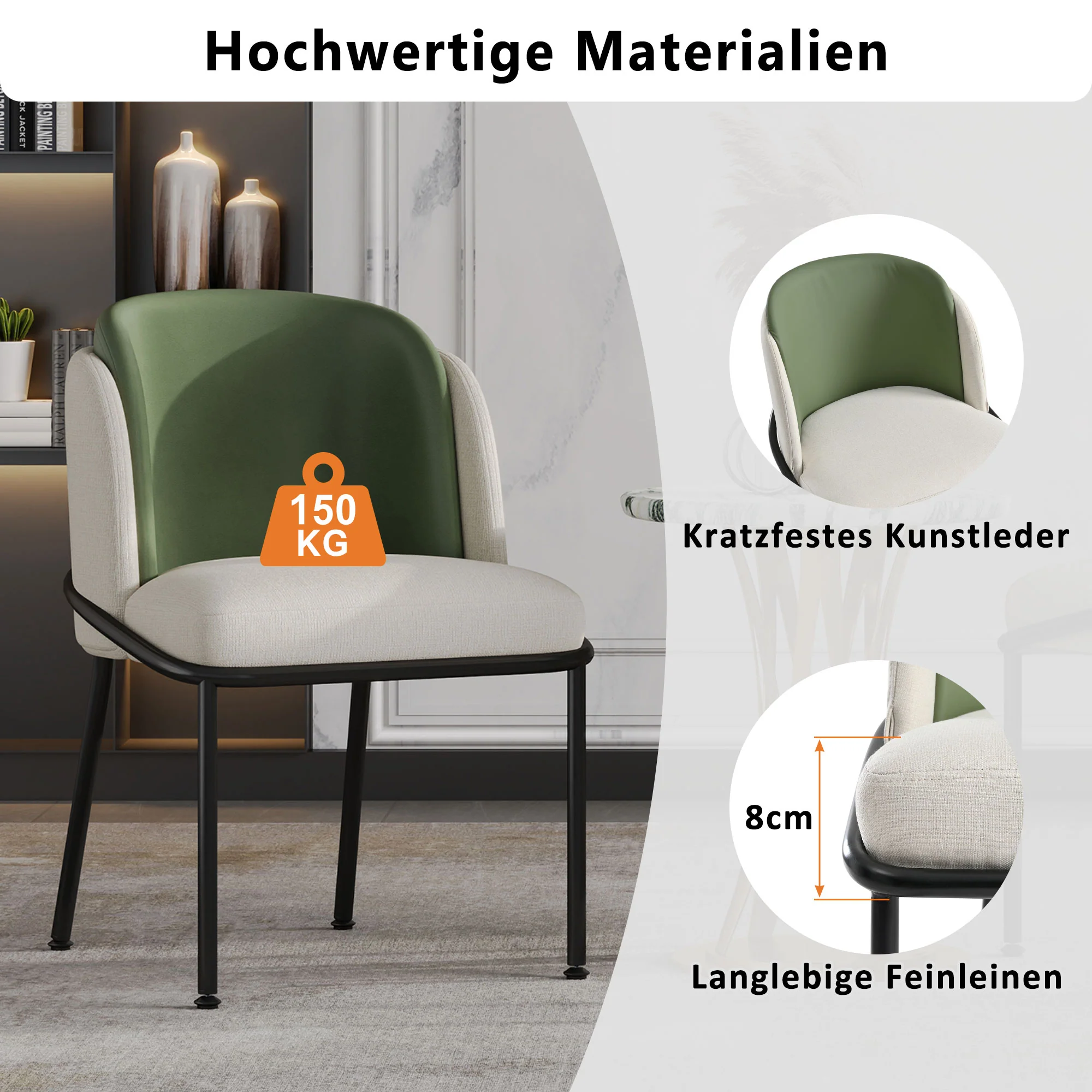 2 Modern Chairs Angled Legs Adjustable Feet - Beige/Green - Image 4
