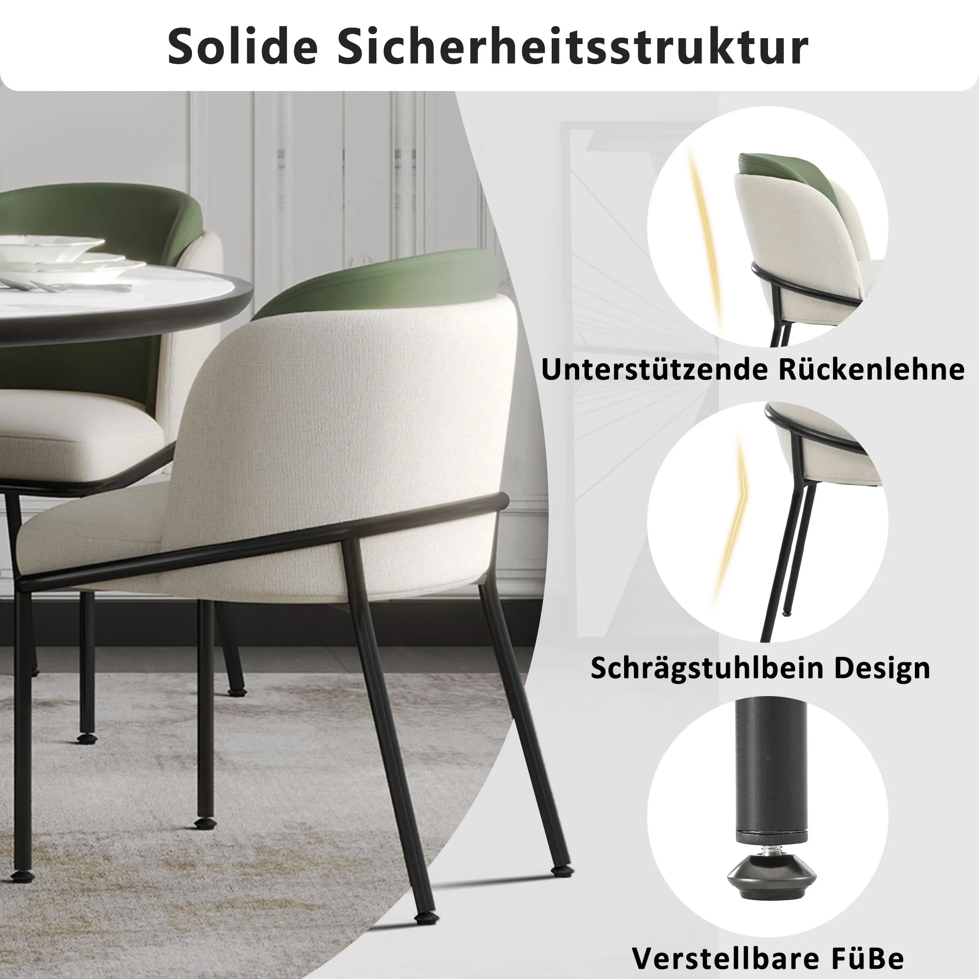 2 Modern Chairs Angled Legs Adjustable Feet - Beige/Green - Image 5