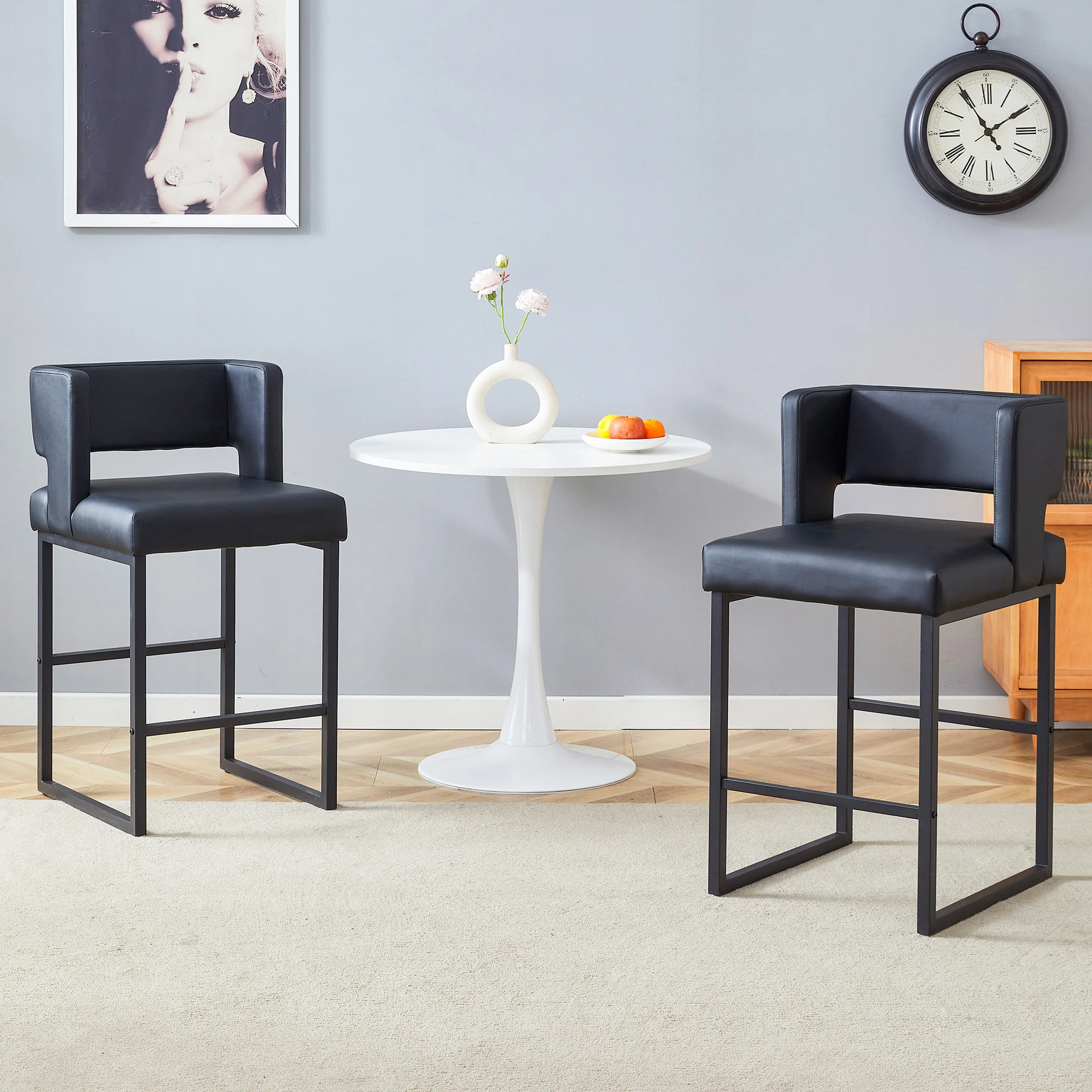 2-Pack Bar Stools Nordic Style Square Design Metal Legs - Black