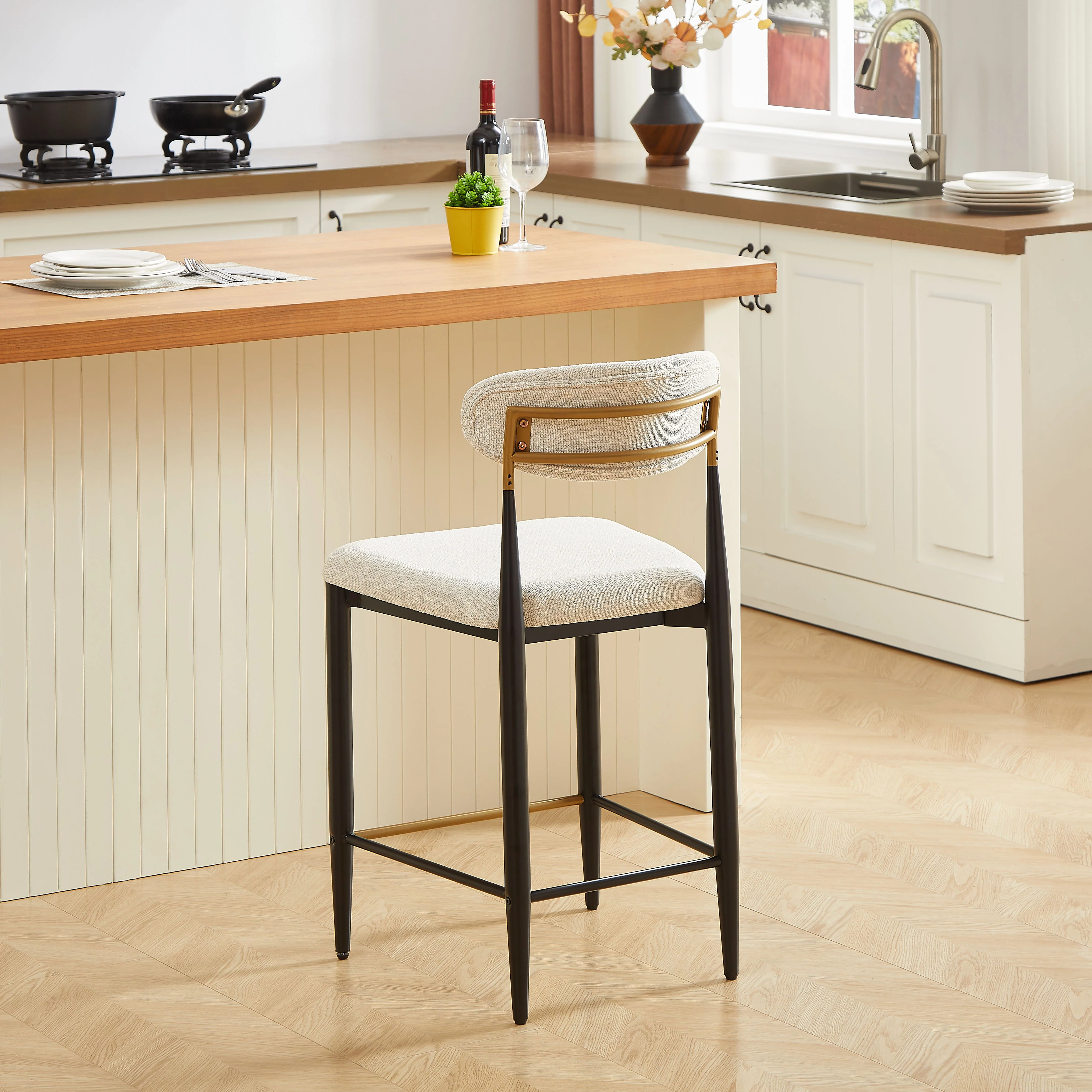 2-Pack Counter Height Bar Stools French Country Upholstered Curved Back - Black/Coffee Frame Cream Fabric - Image 10