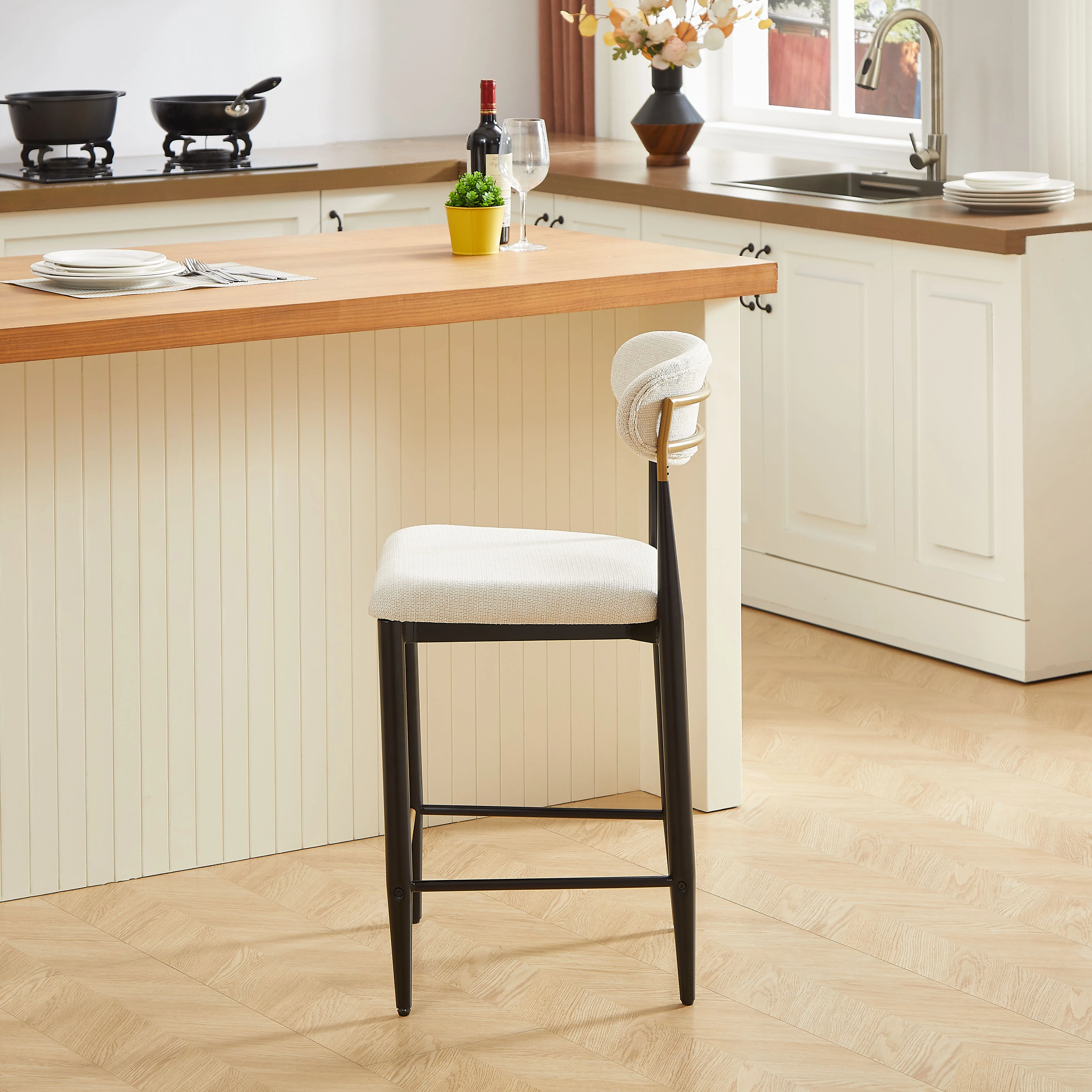 2-Pack Counter Height Bar Stools French Country Upholstered Curved Back - Black/Coffee Frame Cream Fabric - Image 4