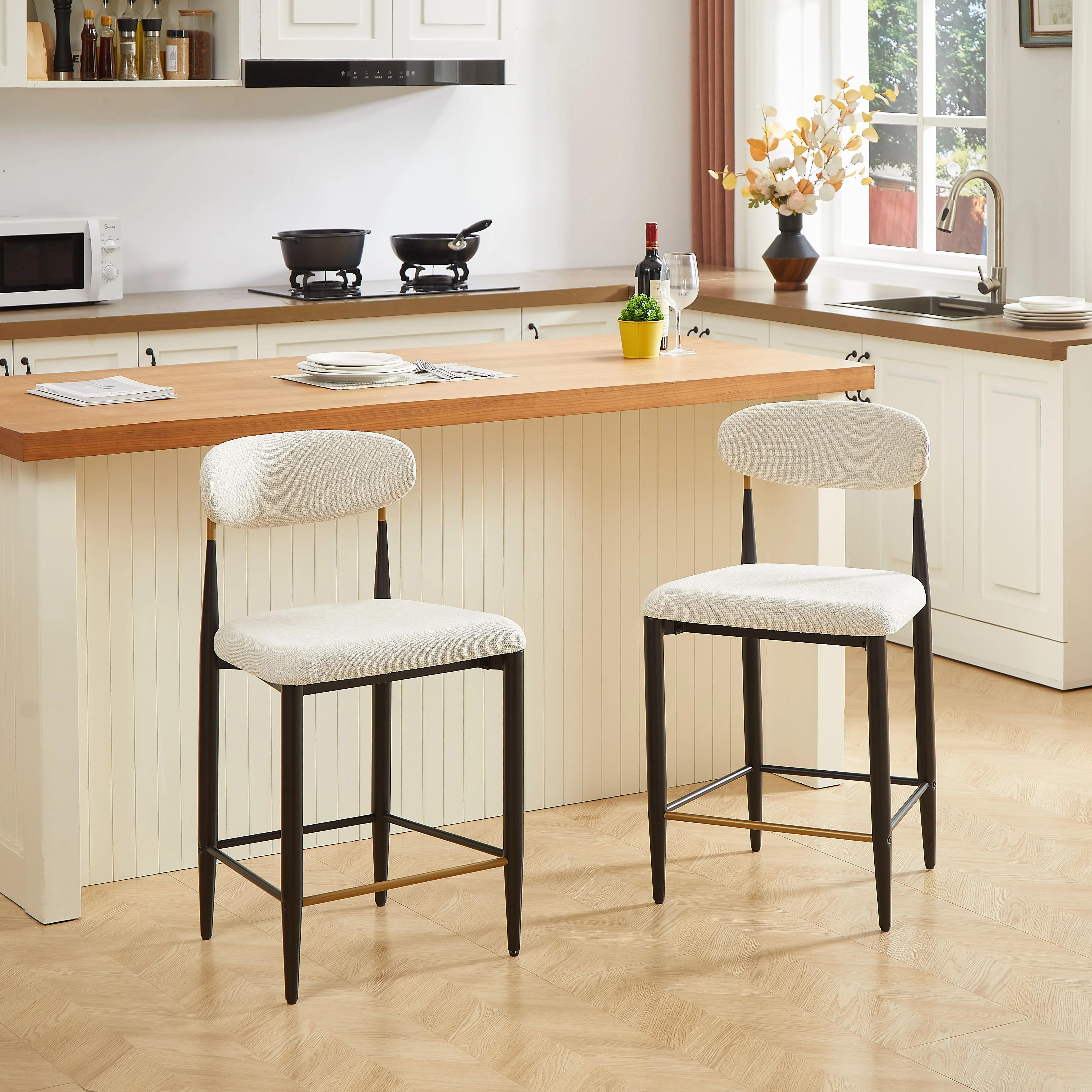 2-Pack Counter Height Bar Stools French Country Upholstered Curved Back - Black/Coffee Frame Cream Fabric - Image 5
