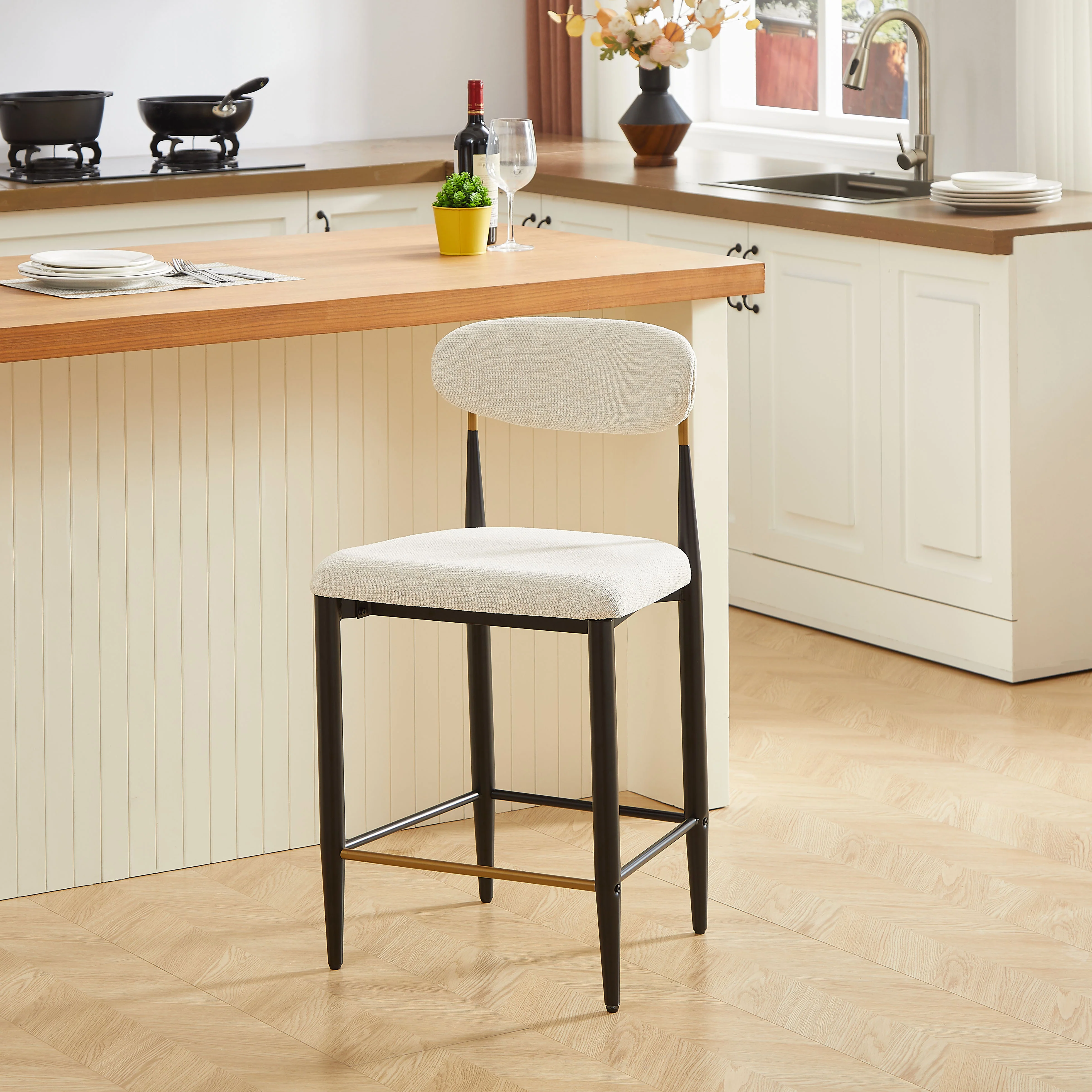2-Pack Counter Height Bar Stools French Country Upholstered Curved Back - Black/Coffee Frame Cream Fabric - Image 7