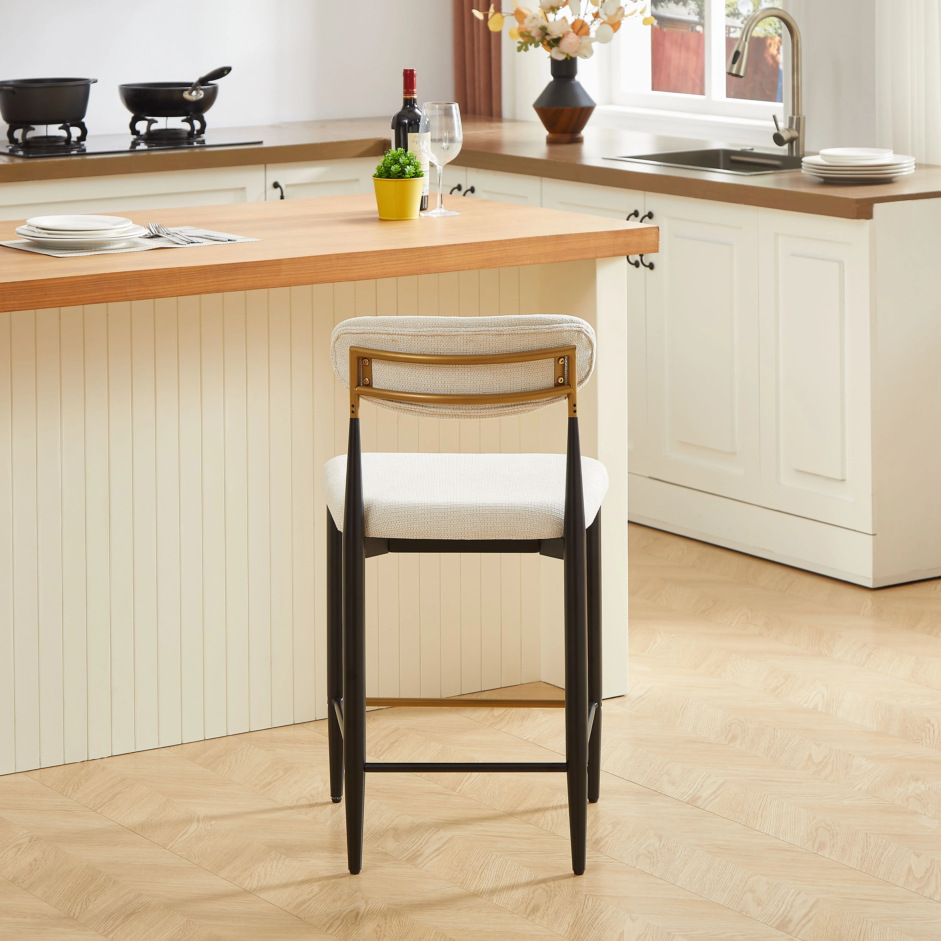 2-Pack Counter Height Bar Stools French Country Upholstered Curved Back - Black/Coffee Frame Cream Fabric - Image 9