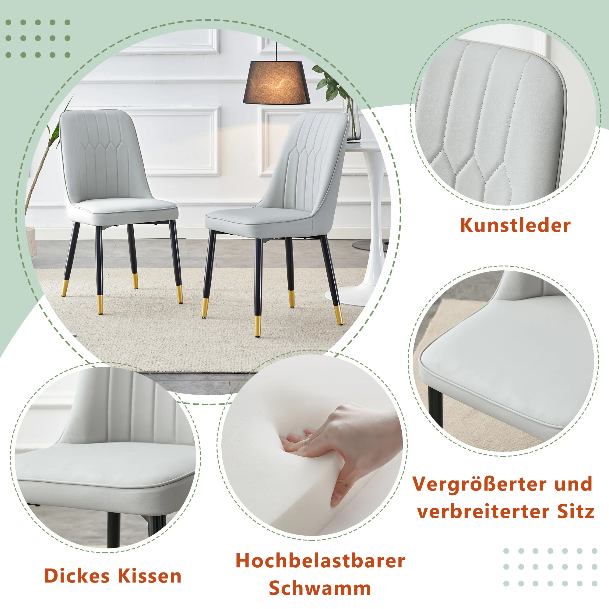 2-Piece Dining Chair Set PU Leather Back Black Metal Legs - Light Grey - Image 5
