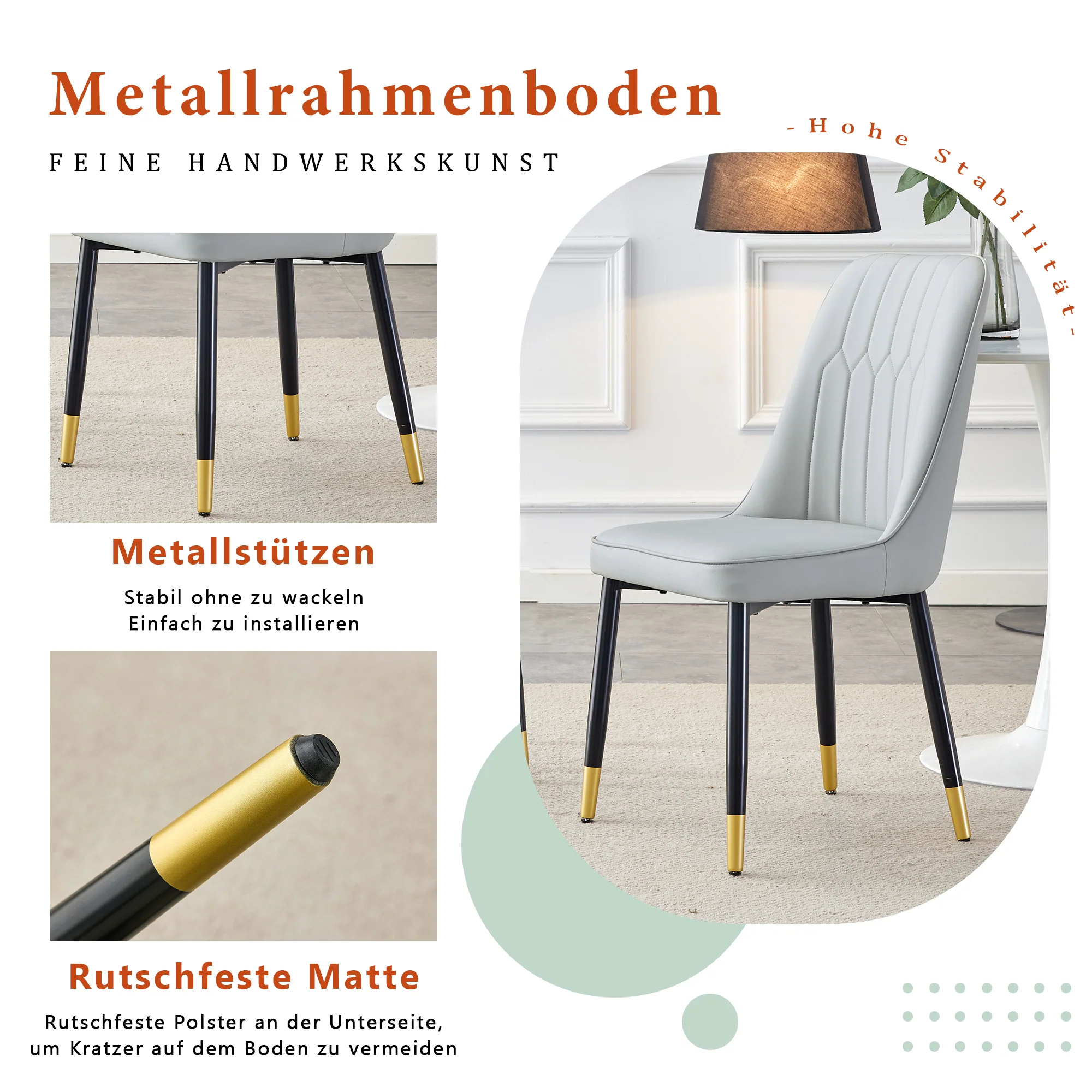 2-Piece Dining Chair Set PU Leather Back Black Metal Legs - Light Grey - Image 7