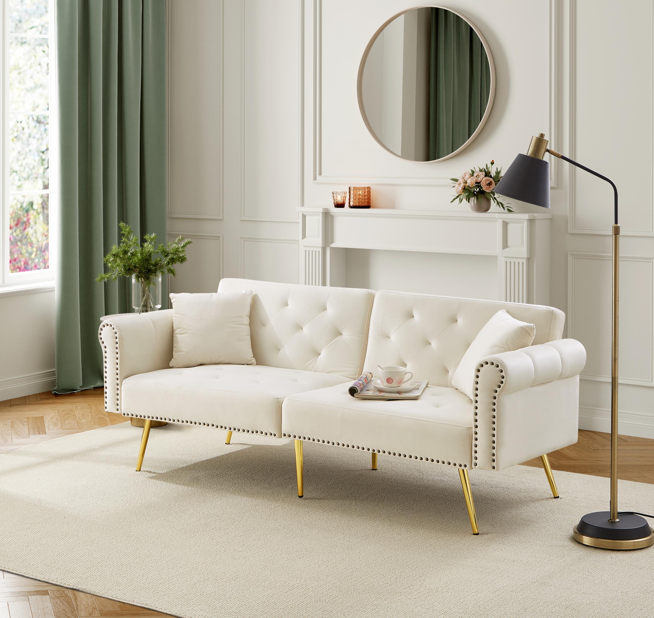 2-Seater Sofa Bed 3-Position Adjustable Back Gold Legs - Velvet - Image 7