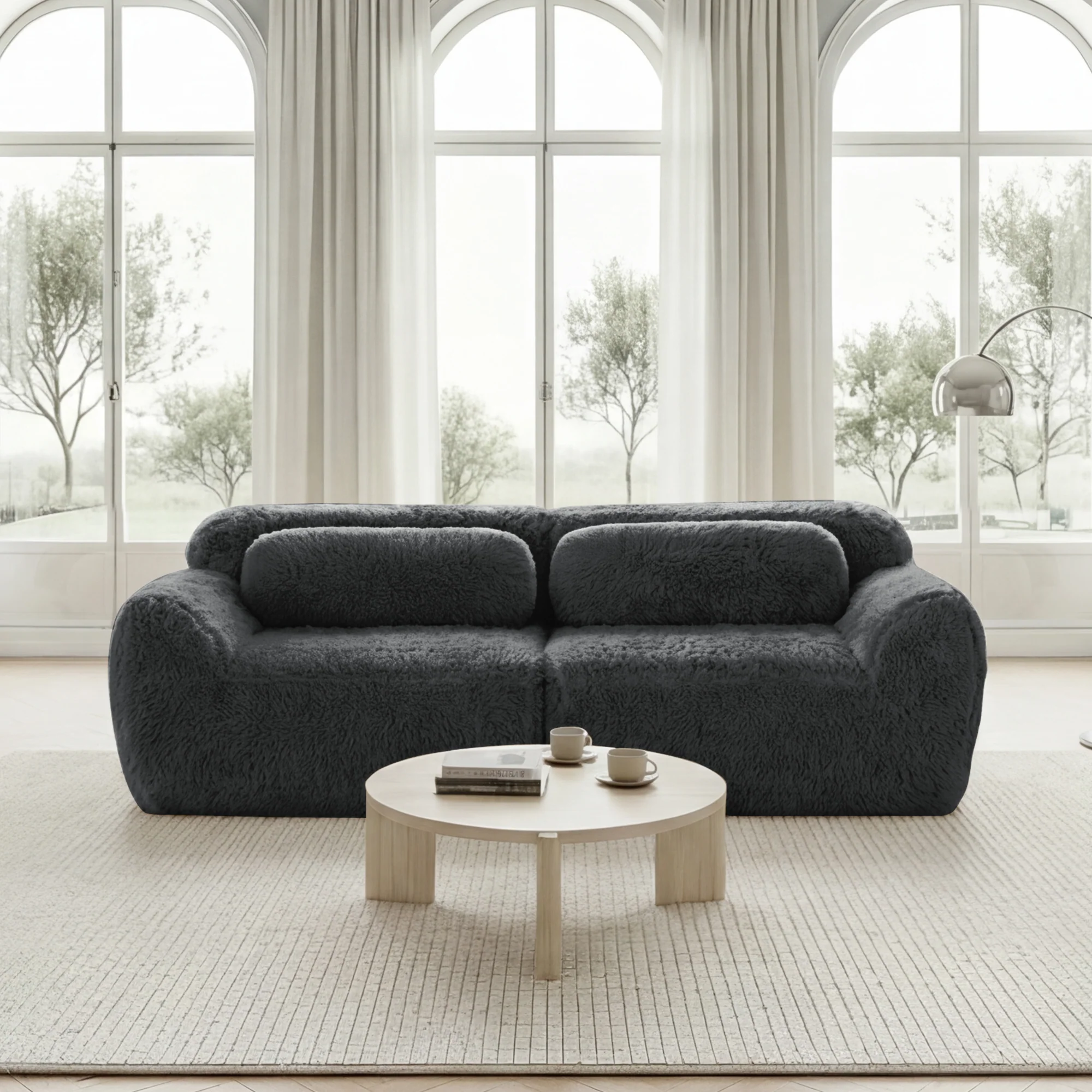 2-seater Sofa Frameless Modular Design Plush Fabric Grey - Image 2