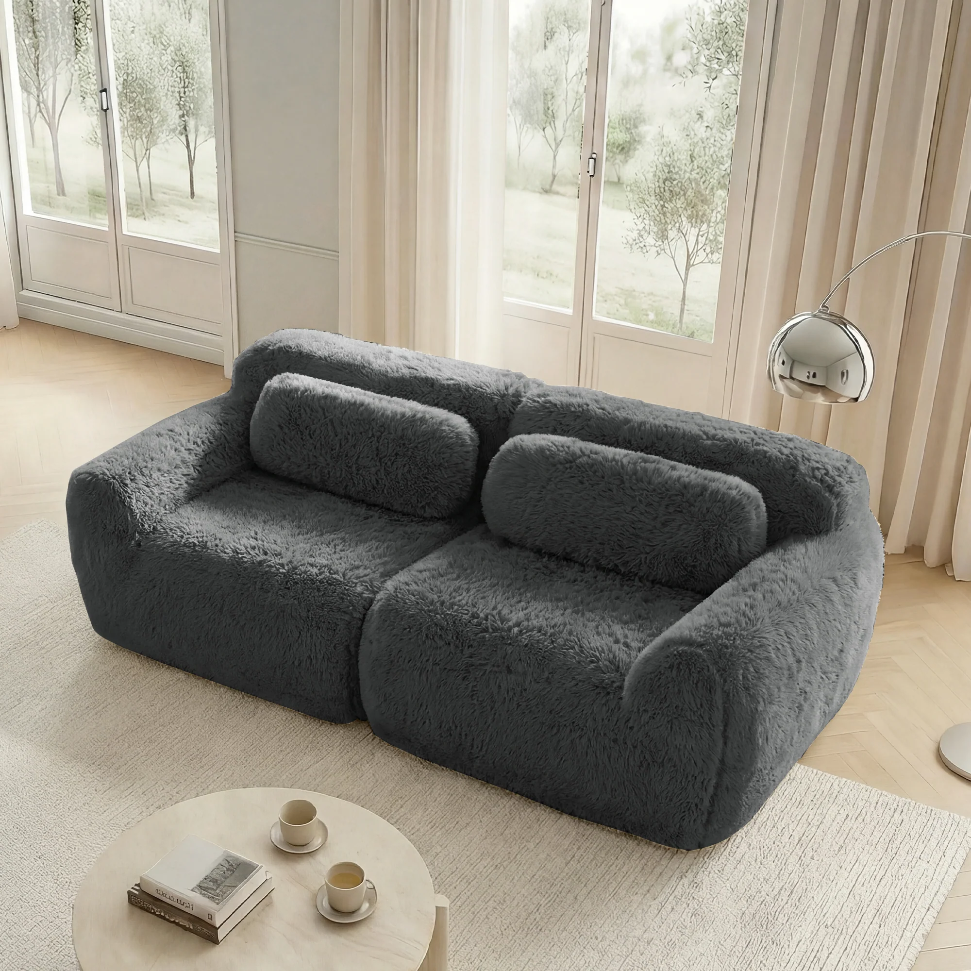 2-seater Sofa Frameless Modular Design Plush Fabric Grey - Image 3