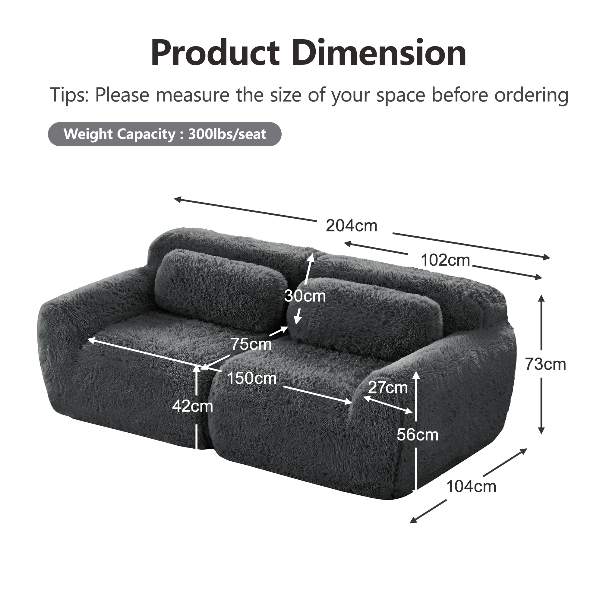 2-seater Sofa Frameless Modular Design Plush Fabric Grey - Image 7
