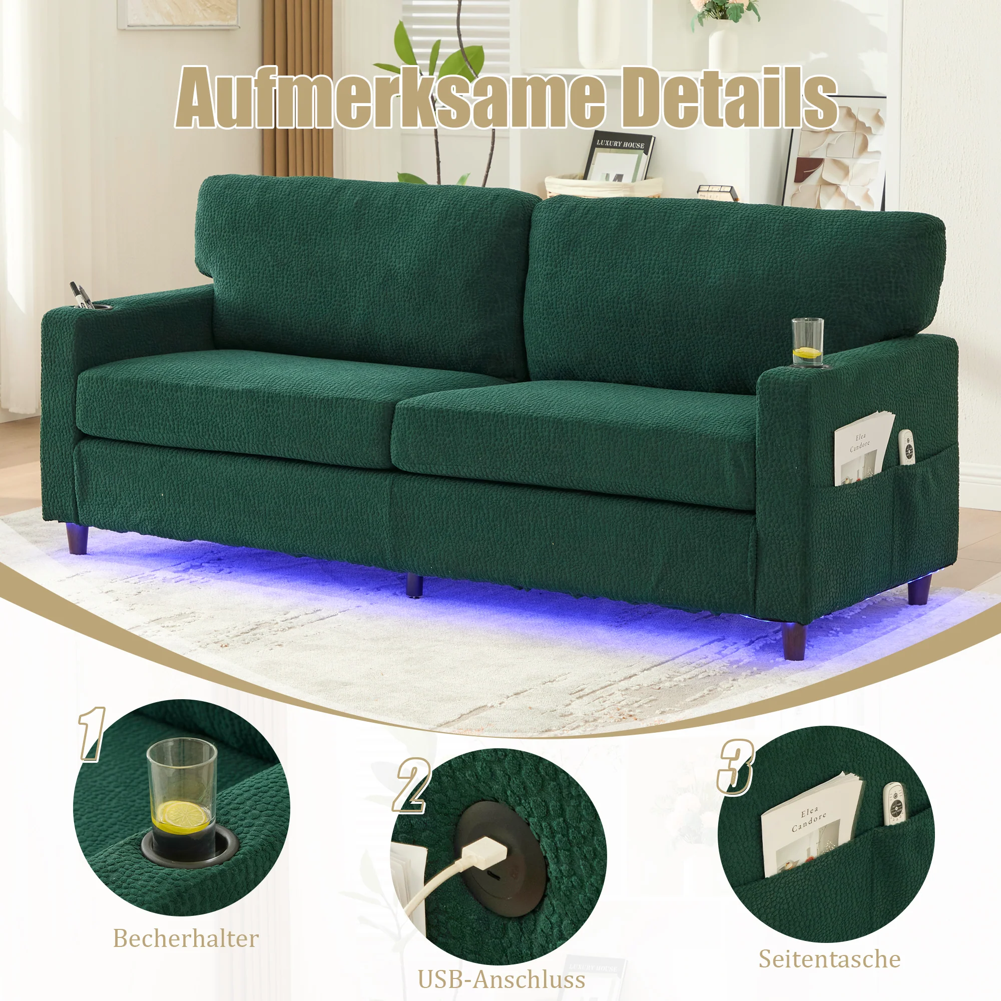 2-Seater Sofa Modern USB-C LED Cup Holders Side Pockets - Emerald Chenille - Image 4