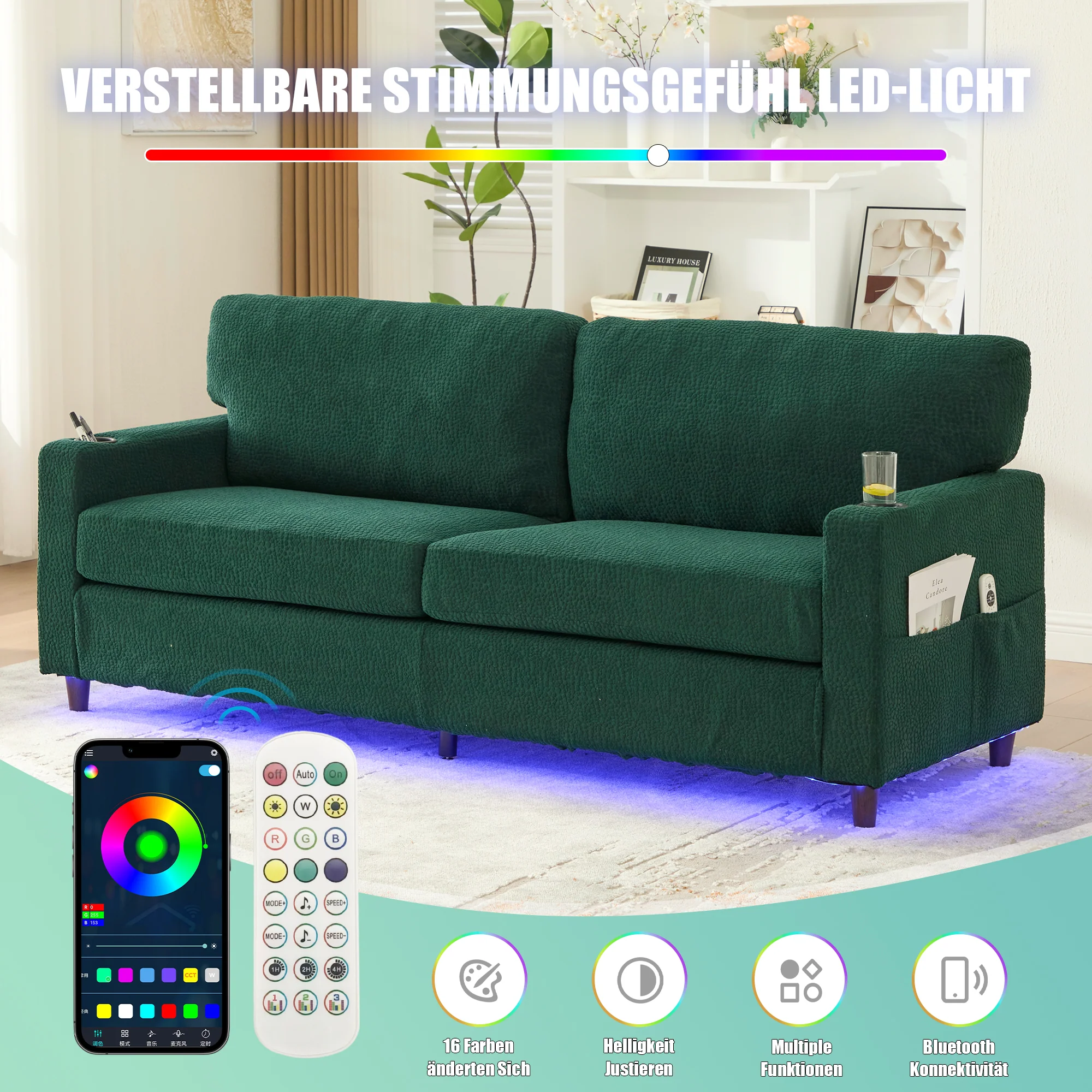2-Seater Sofa Modern USB-C LED Cup Holders Side Pockets - Emerald Chenille - Image 5